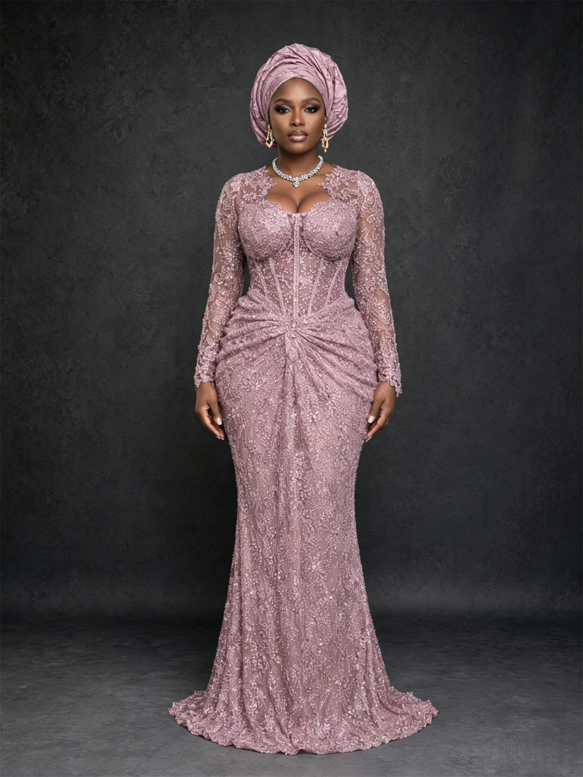 BOLODOO dusty mauve beaded sequin lace long sleeve mermaid gown - front full length direct gaze showing complete silhouette and train
