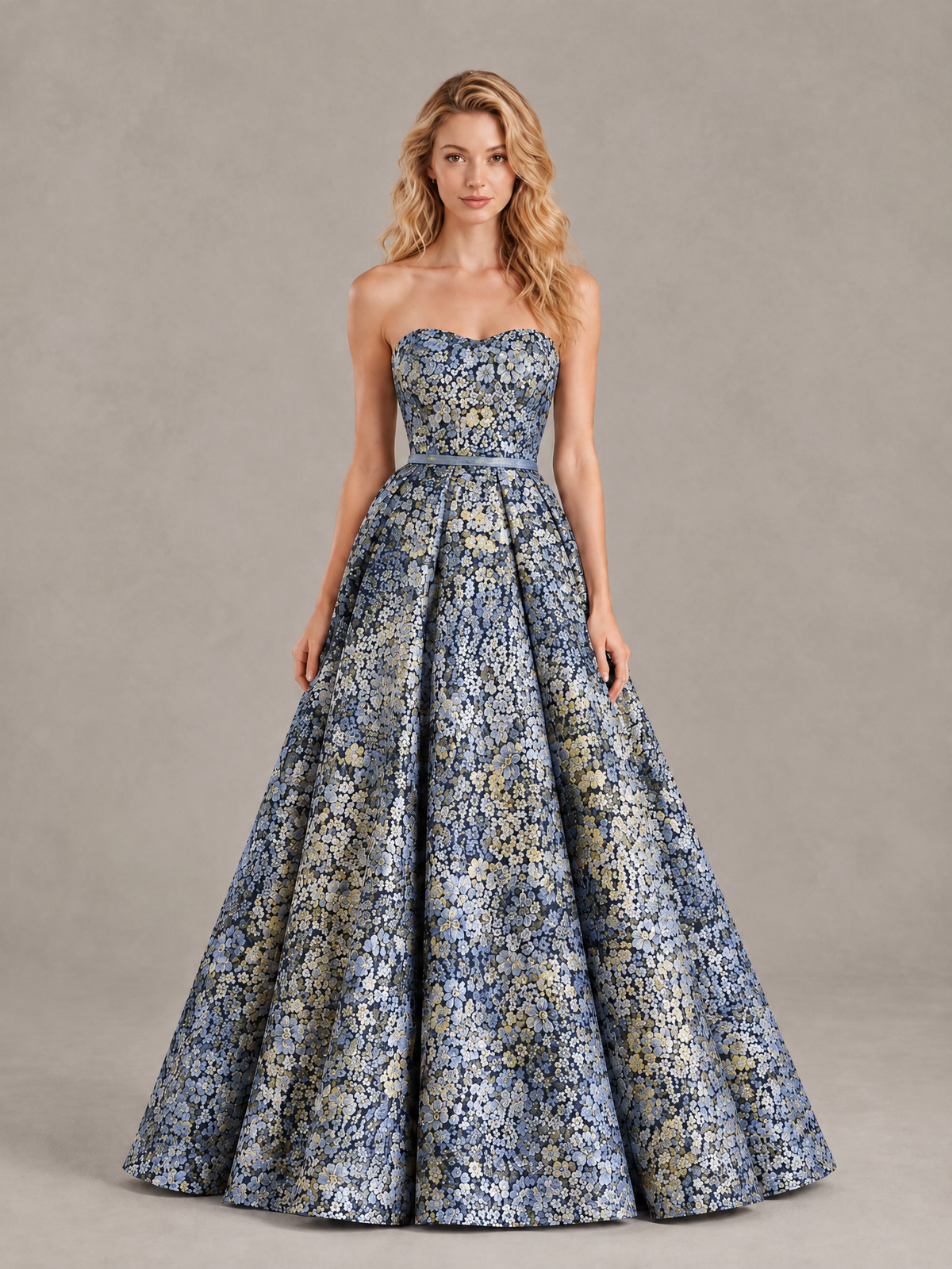 BOLODOO Blue Grey Floral Strapless A-Line Evening Gown 