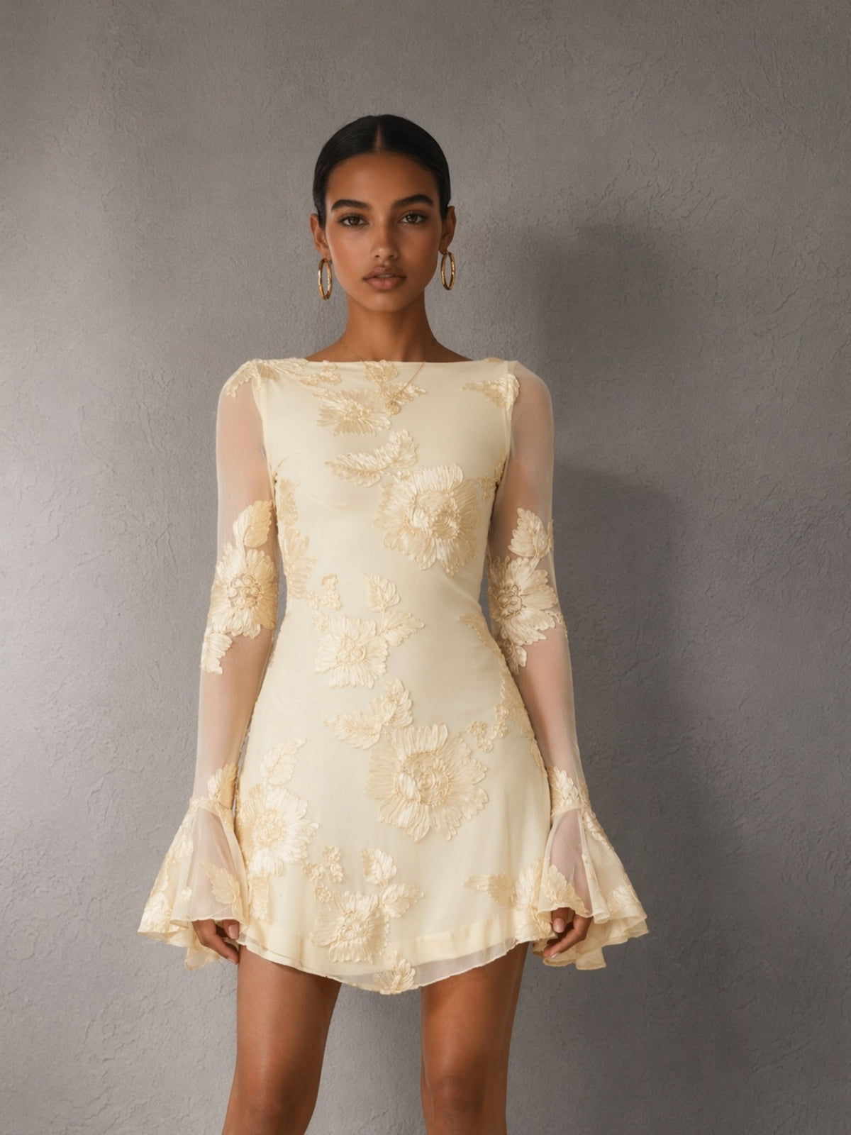 BOLODOO Cream Long Sleeve 3D Floral Embroidery Mini Dress – Bell Sleeve Open Back Lace Mesh Cocktail Dress