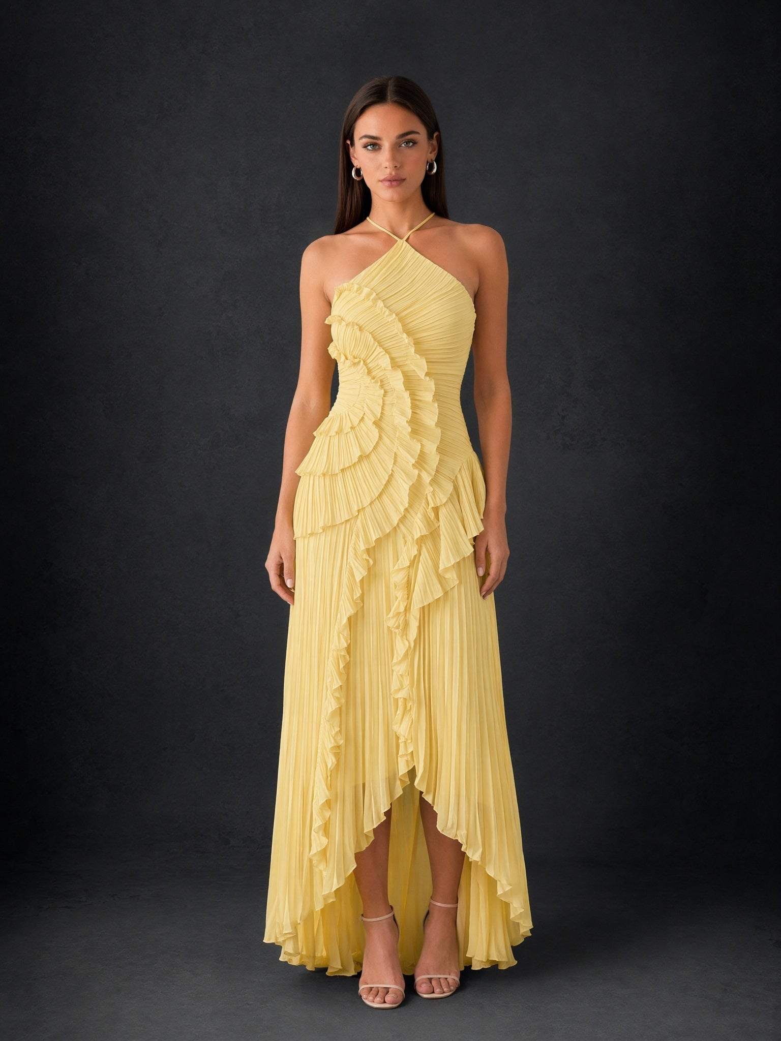 BOLODOO Yellow Halter Neck Ruched Chiffon Cascading Ruffle High-Low Maxi Dress with Open Back