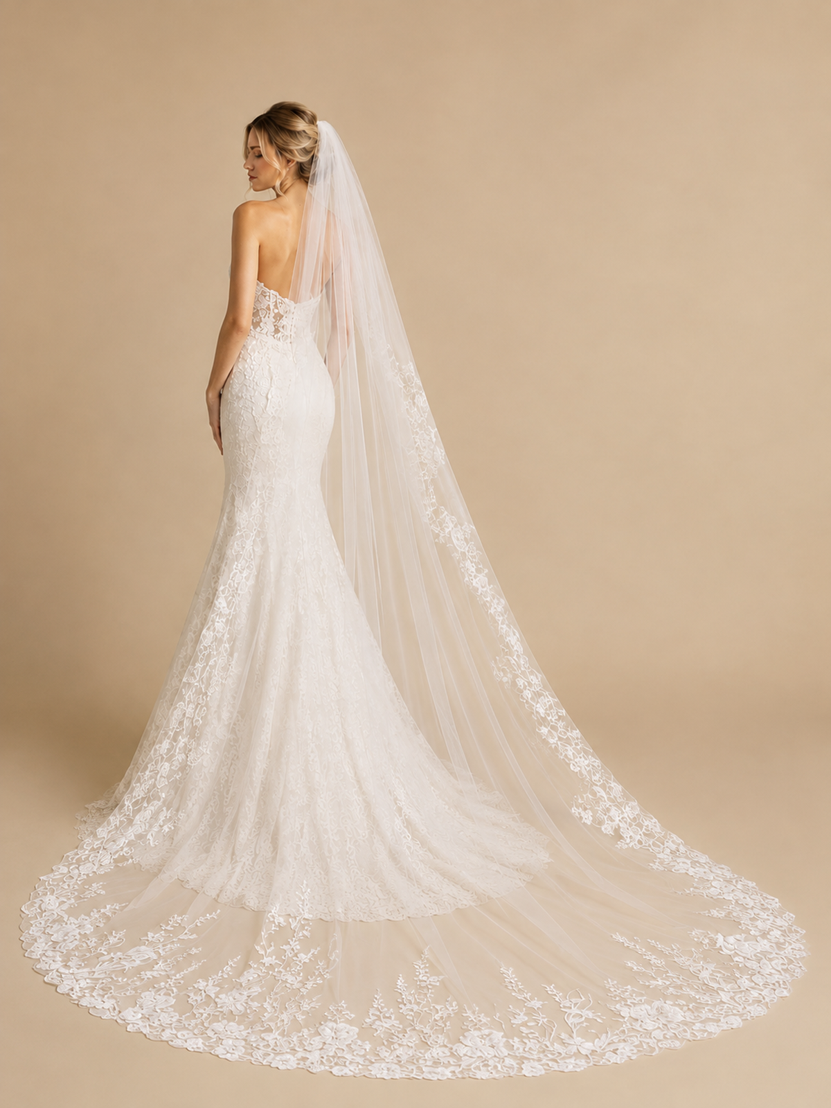 BOLODOO Ivory Floral Lace Cathedral-Length Bridal Veil 