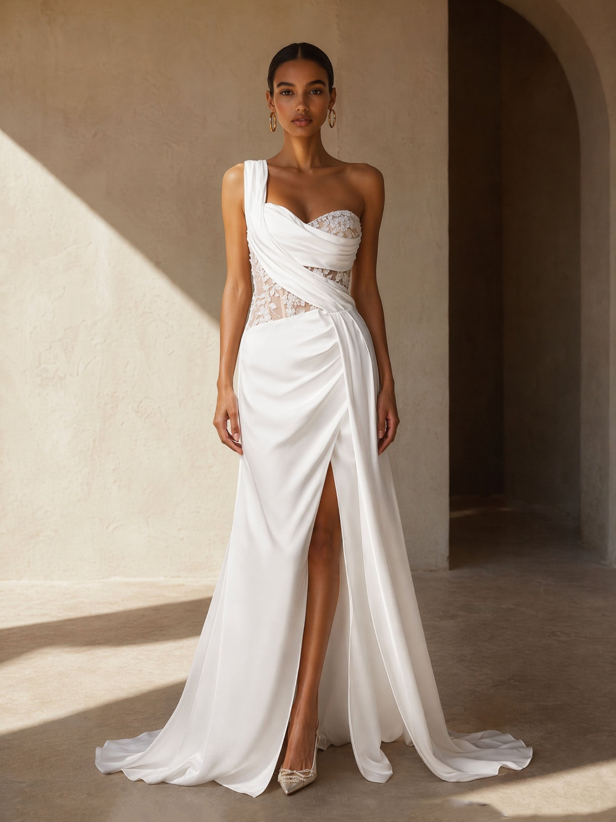 BOLODOO Ivory One-Shoulder Satin Sheer Lace Corset Waist Open Back High Slit Mermaid Wedding Dress - Front Full Length Standing View
