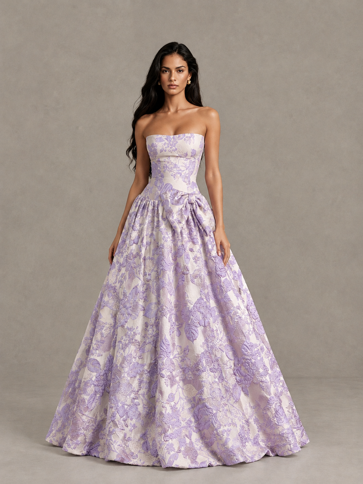 BOLODOO Lilac Floral Strapless Ball Gown Prom Dress with Bow 
