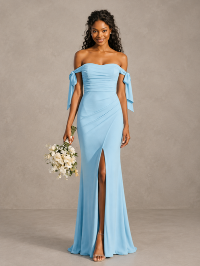 Sky Blue Off-Shoulder Bow Bridesmaid Dress with Slit 