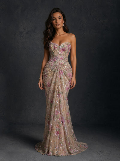BOLODOO Champagne 3D Floral Sequin Strapless Mermaid Evening Gown with Sweep Train 