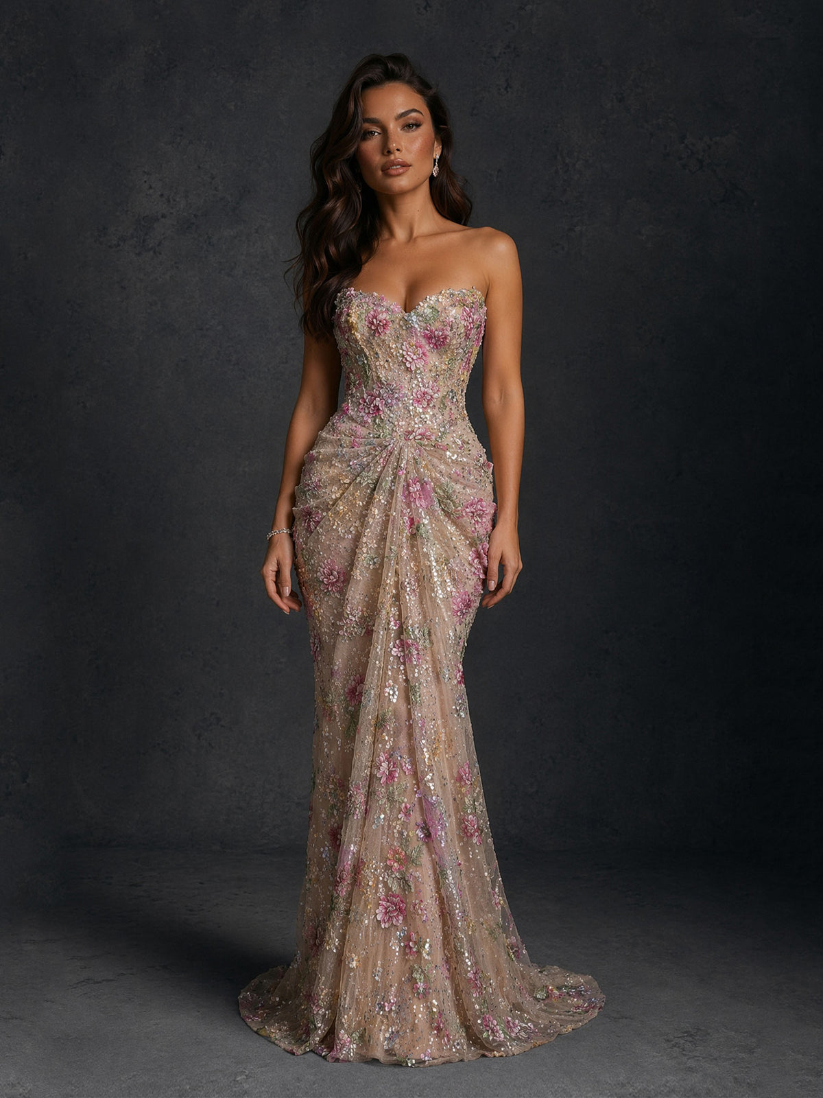 BOLODOO Champagne 3D Floral Sequin Strapless Mermaid Evening Gown with Sweep Train 