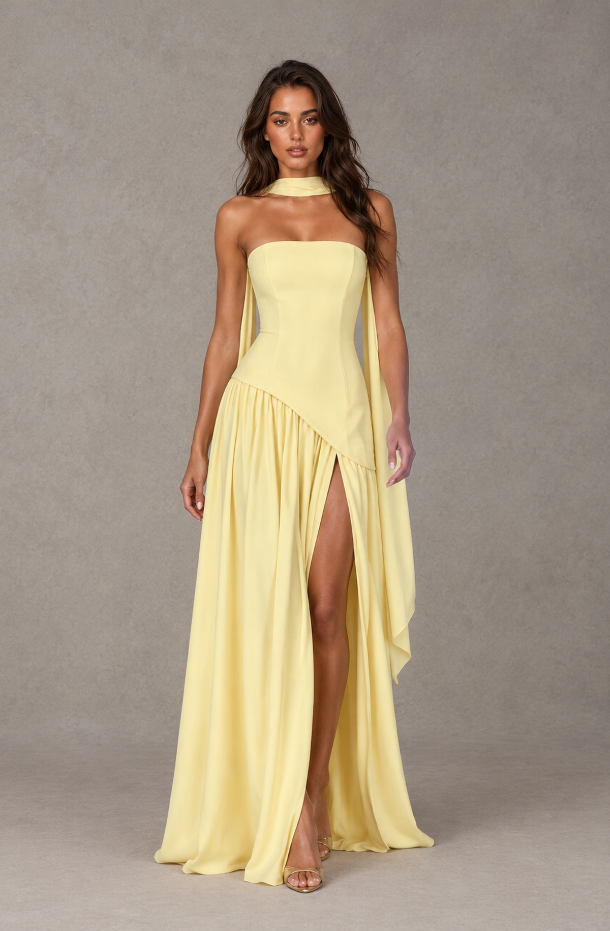 Butter Yellow Strapless Bridesmaid Dress with Scarf & High Slit 