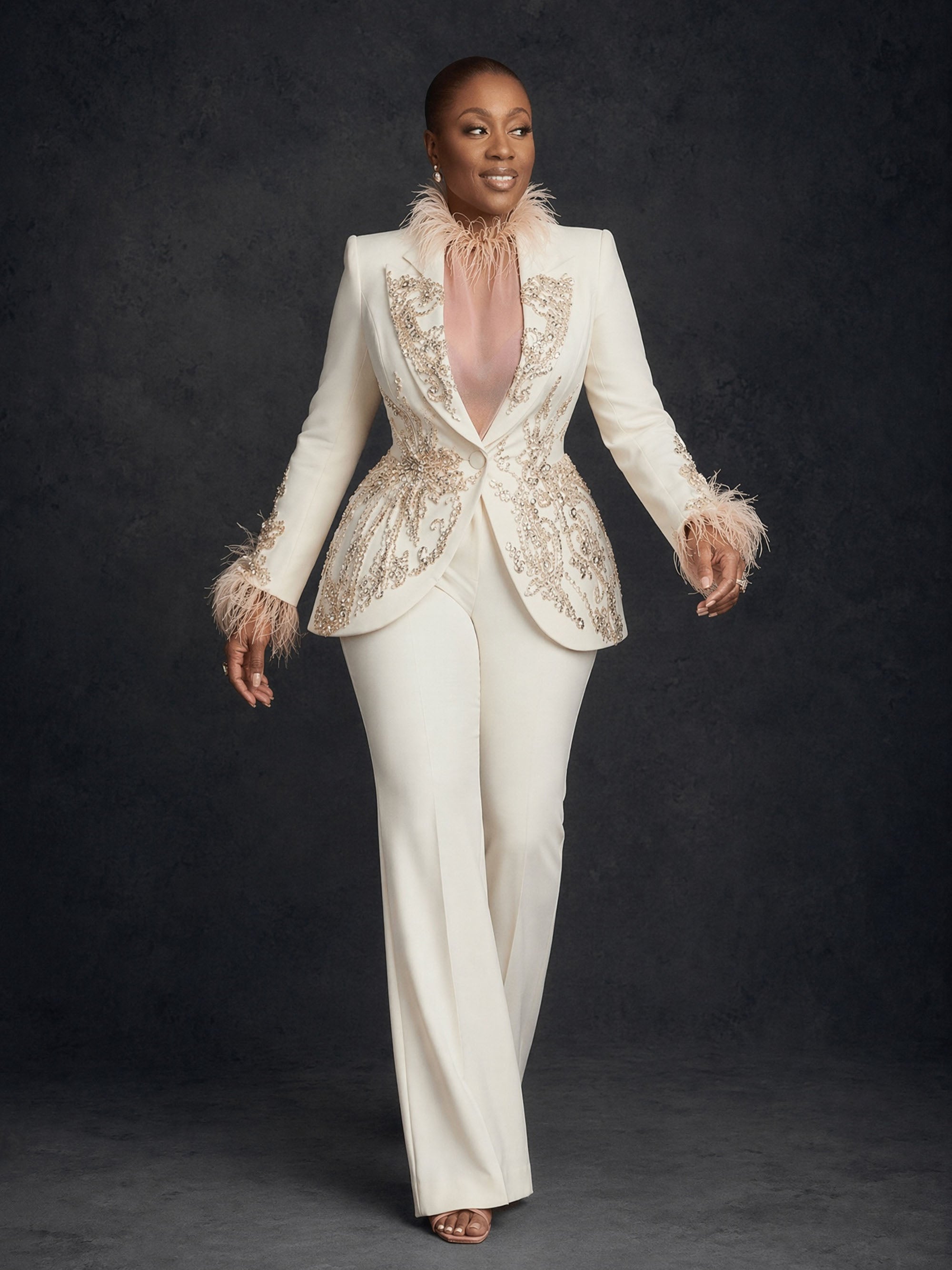 BOLODOO Ivory Gold Rhinestone Feather Trim Blazer Wide-Leg Pants Suit - Front Full Length Walking View
