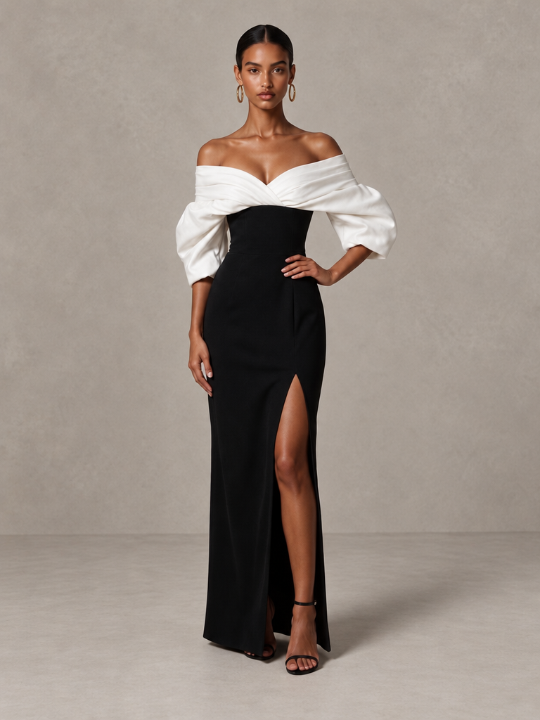 BOLODOO off-shoulder black gown with white folded neckline and elbow-length puff sleeves