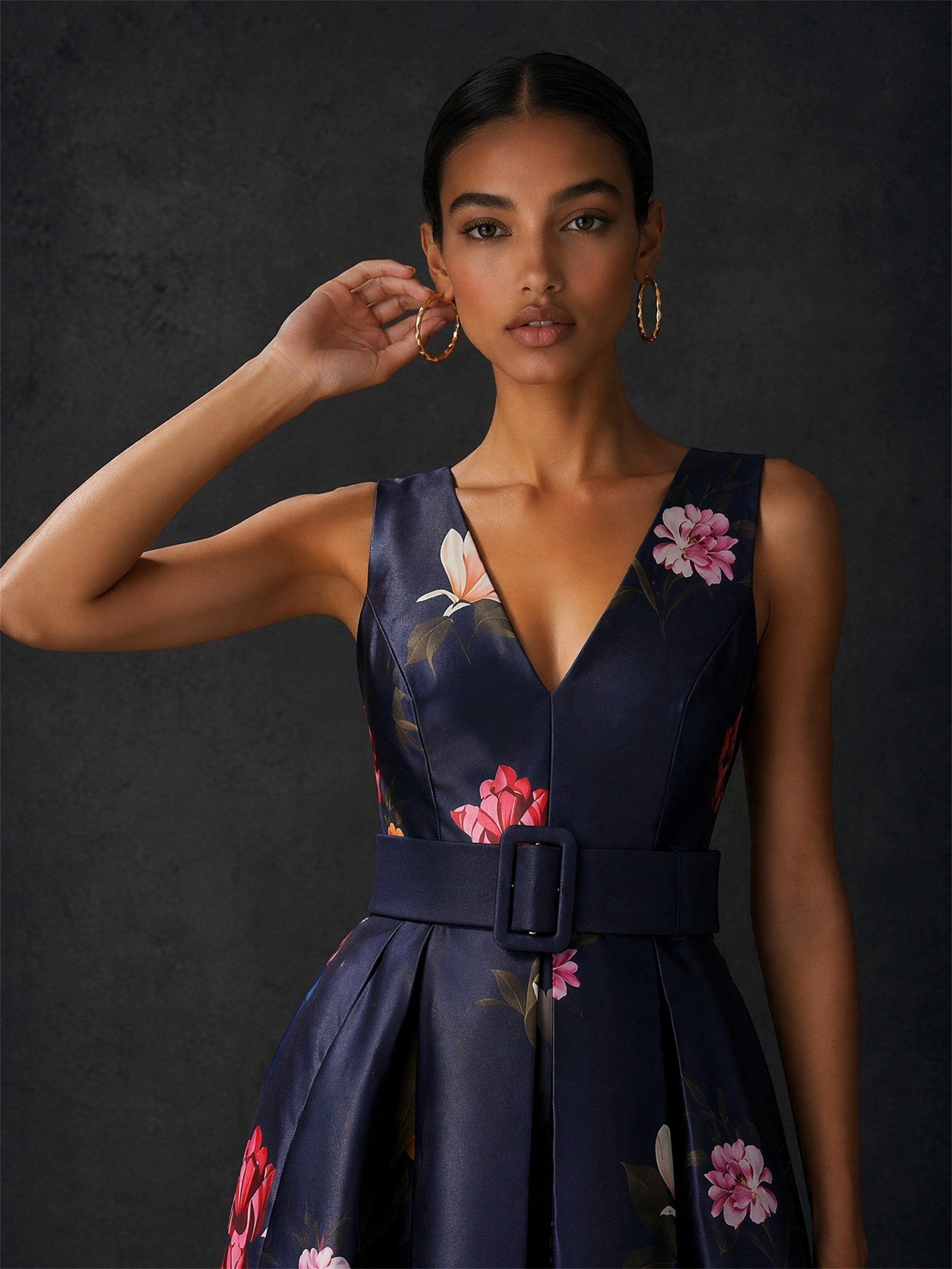 BOLODOO navy blue floral print V-neck belted ball gown - back view