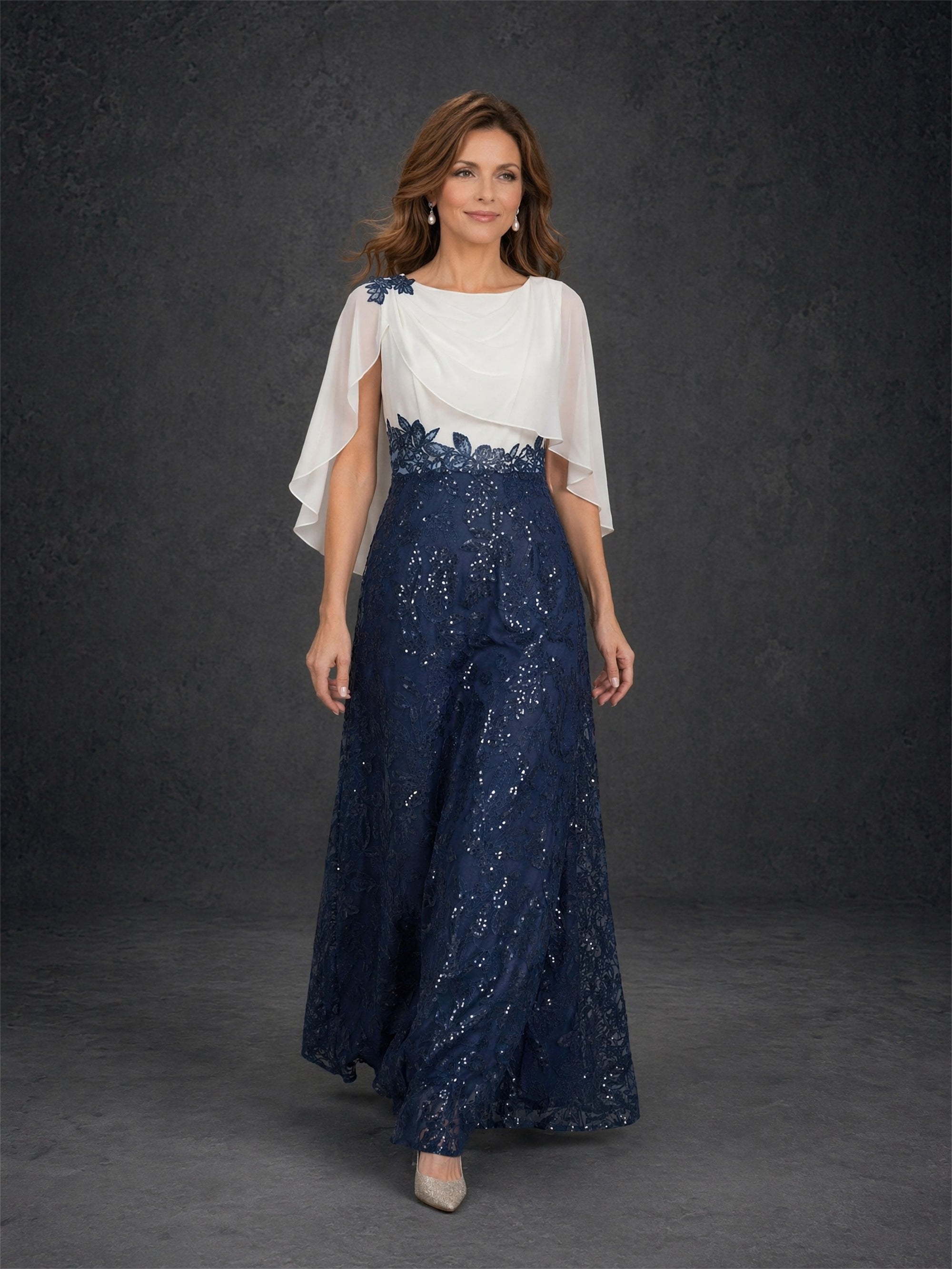 BOLODOO navy blue sequin lace maxi dress with ivory chiffon cape sleeve - front full length direct gaze
