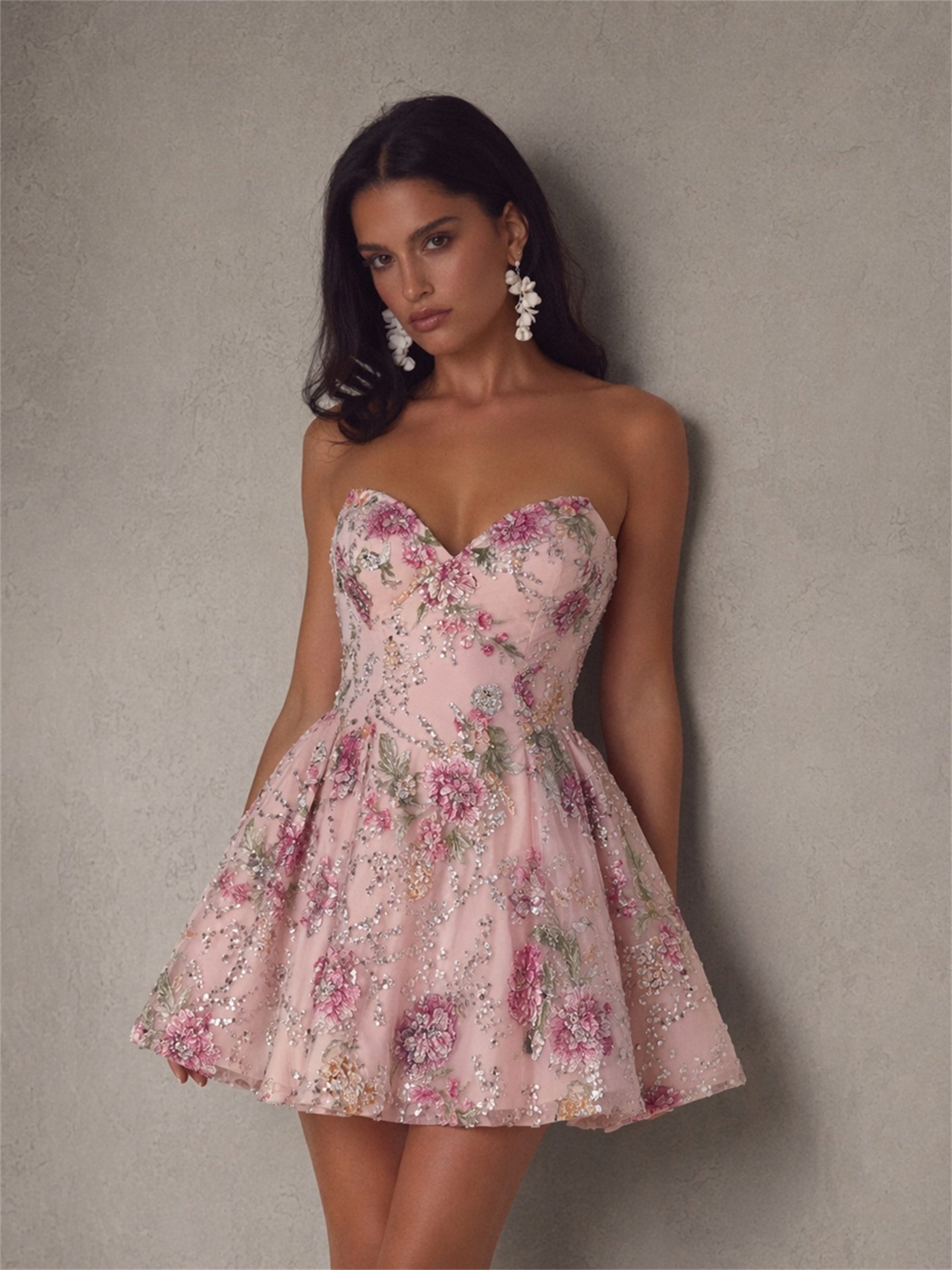 BOLODOO pink floral sequin strapless corset mini dress - front view close up