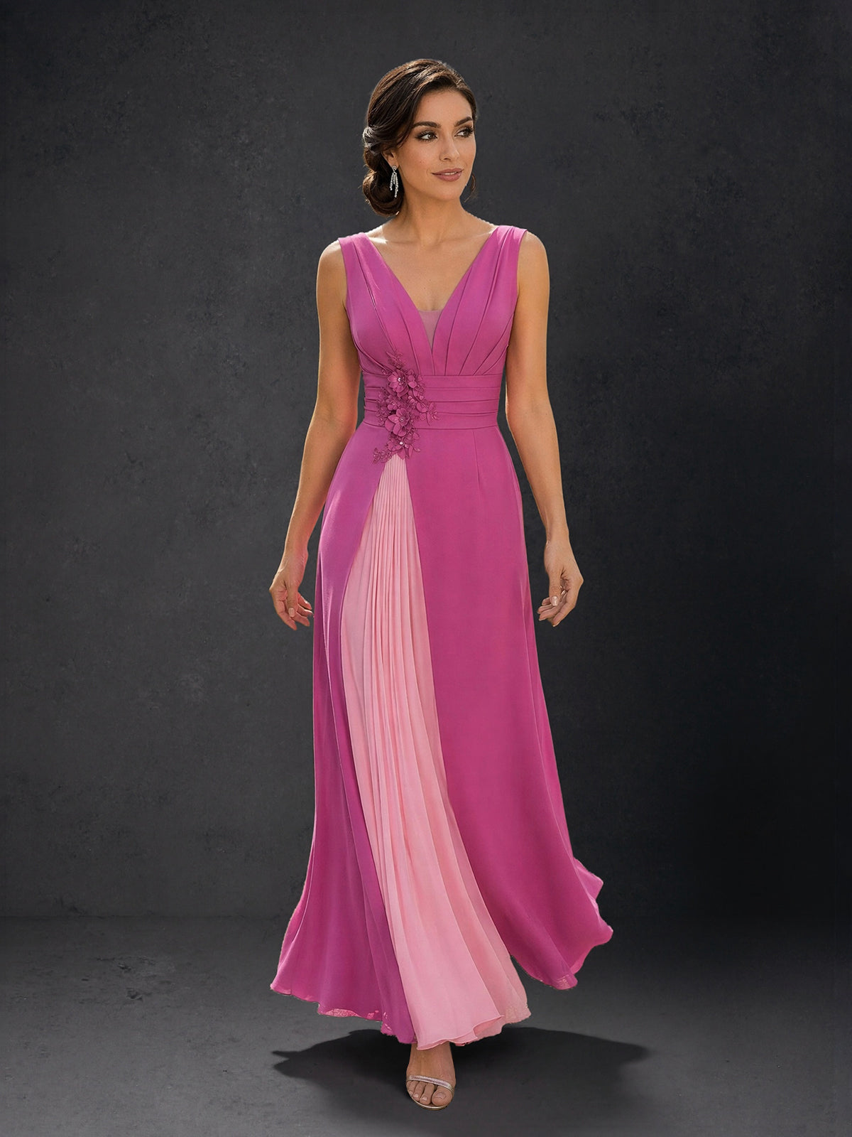 BOLODOO Magenta Pink Two-Tone Chiffon V-Neck 3D Floral A-Line Maxi Dress – Front View with Movement