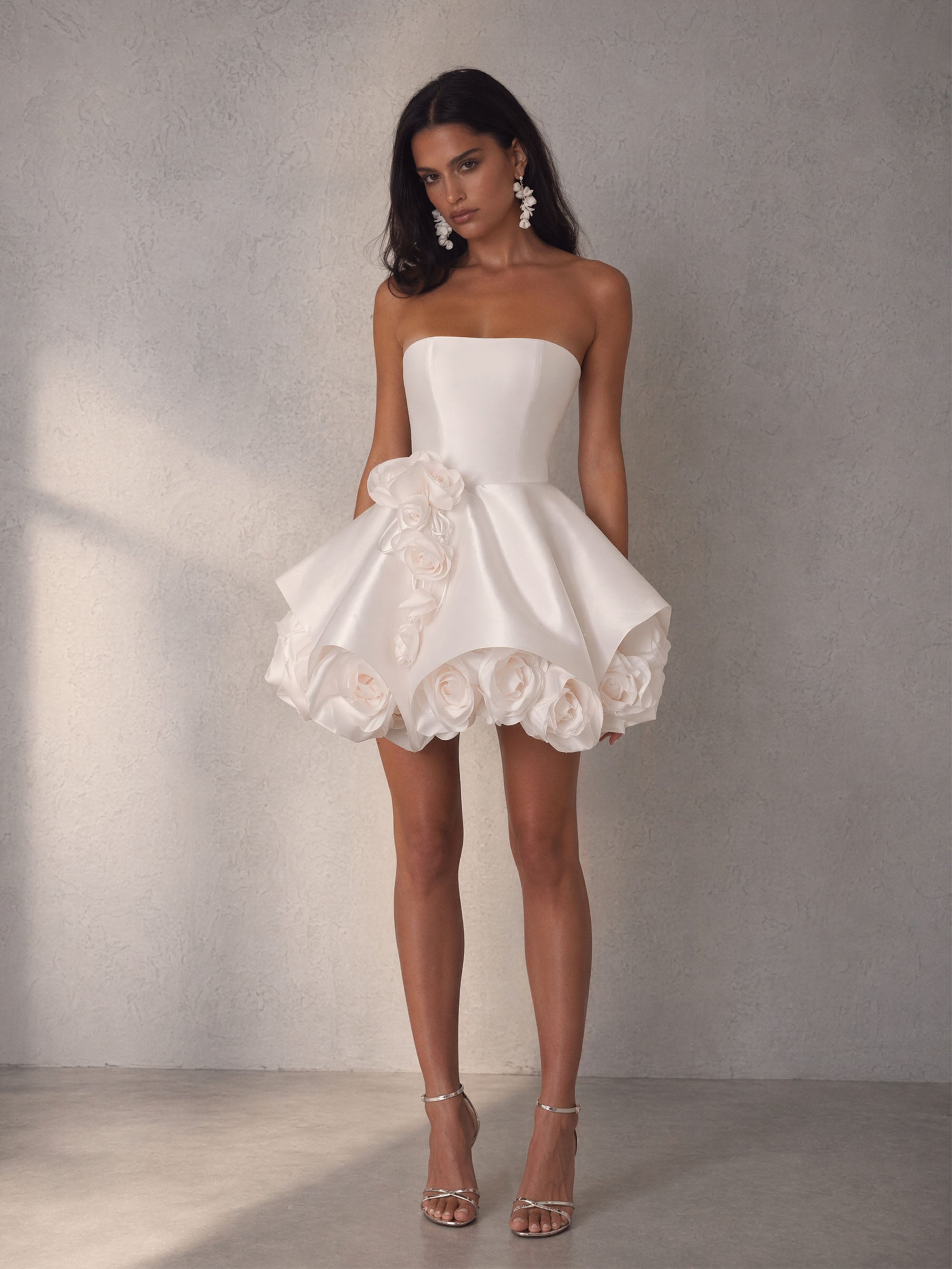 BOLODOO White 3D Rose Bubble Mini Dress - Front View with 3D Floral Detail