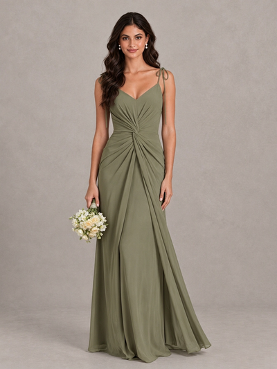 BOLODOO Olive Green Tie-Strap Ruched Open-Back Bridesmaid Dress 
