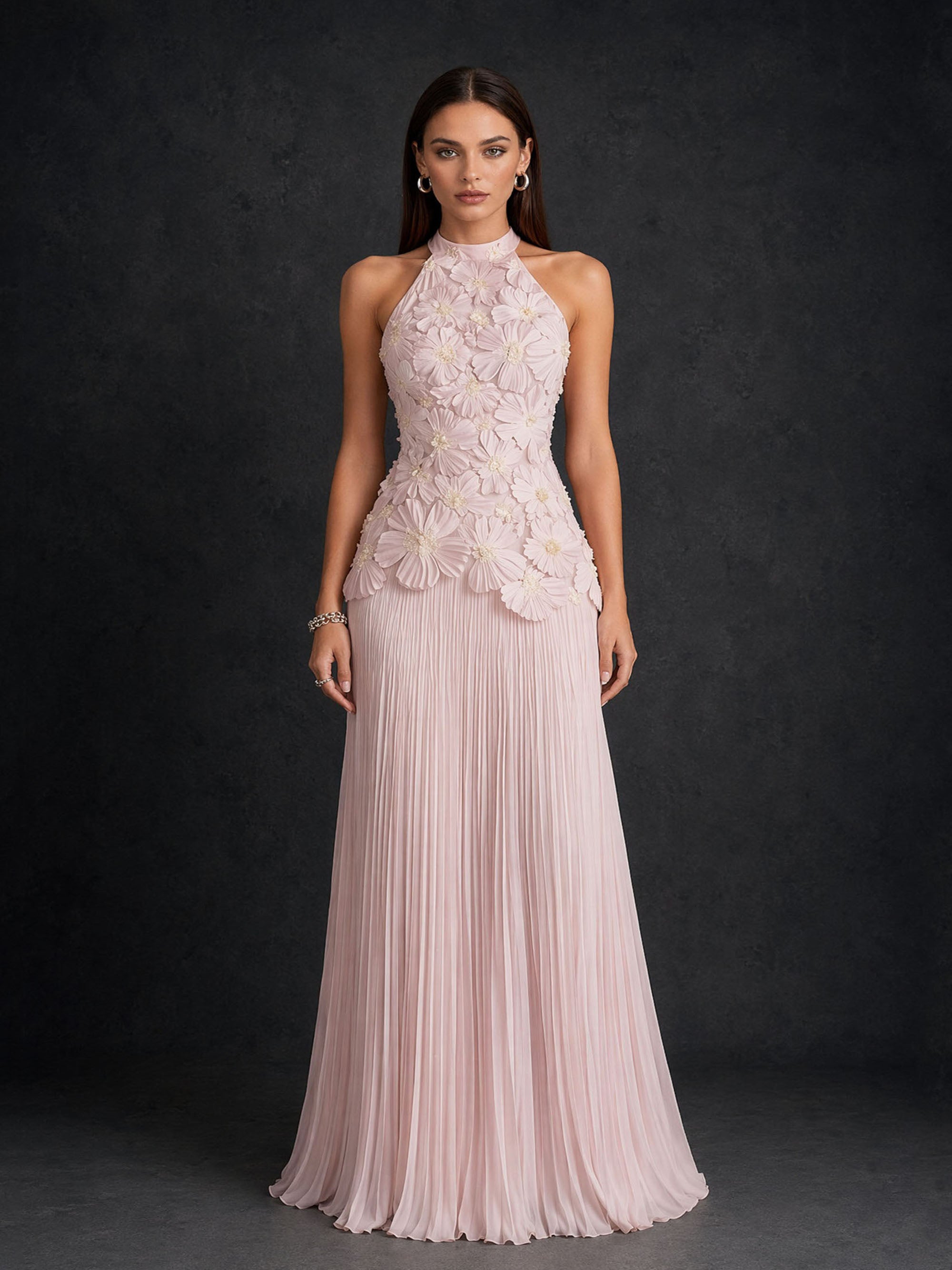 BOLODOO Blush Pink 3D Floral Halter Neck Pleated Maxi Dress - Front Full Length View