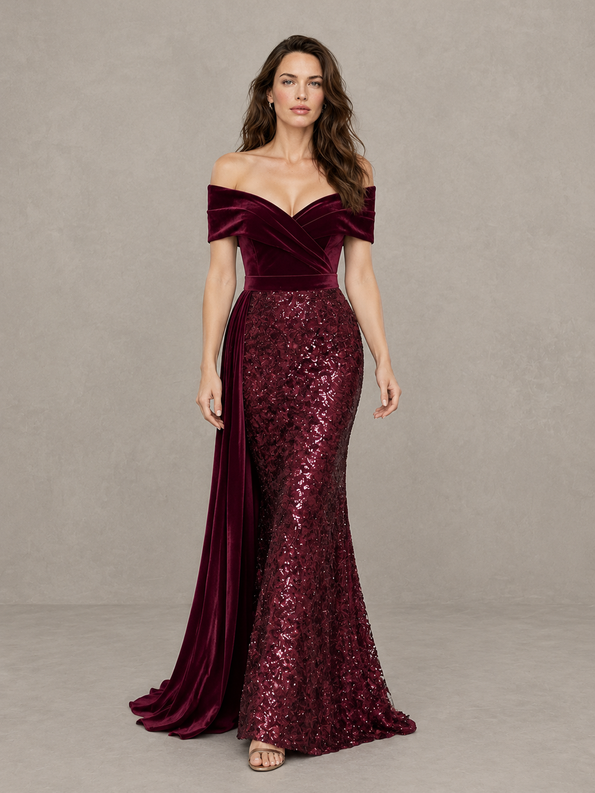 BOLODOO Burgundy Off-Shoulder Velvet & Sequin Evening Gown with Side Train 