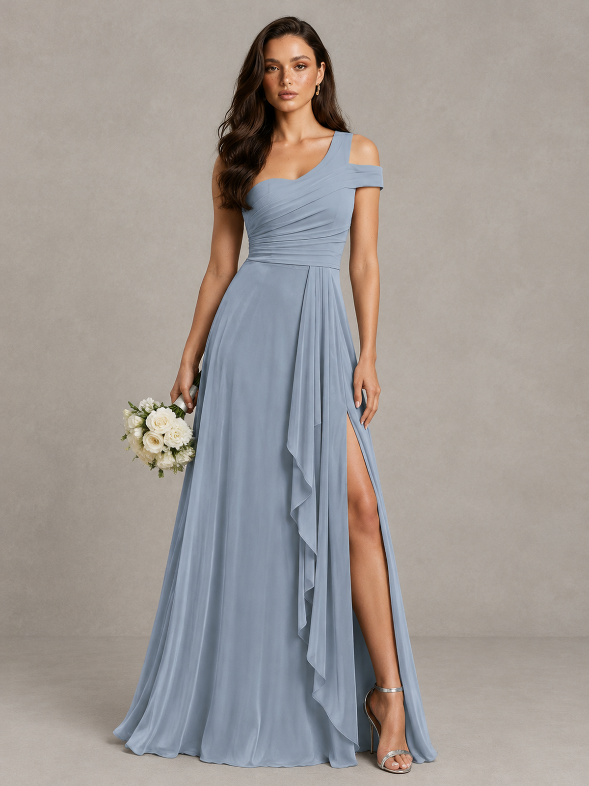 BOLODOO Dusty Blue One-Shoulder Bridesmaid Dress with Side Slit 