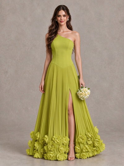 BOLODOO Chartreuse One Shoulder Pleated Bridesmaid Dress with 3D Floral Hem and High Slit 