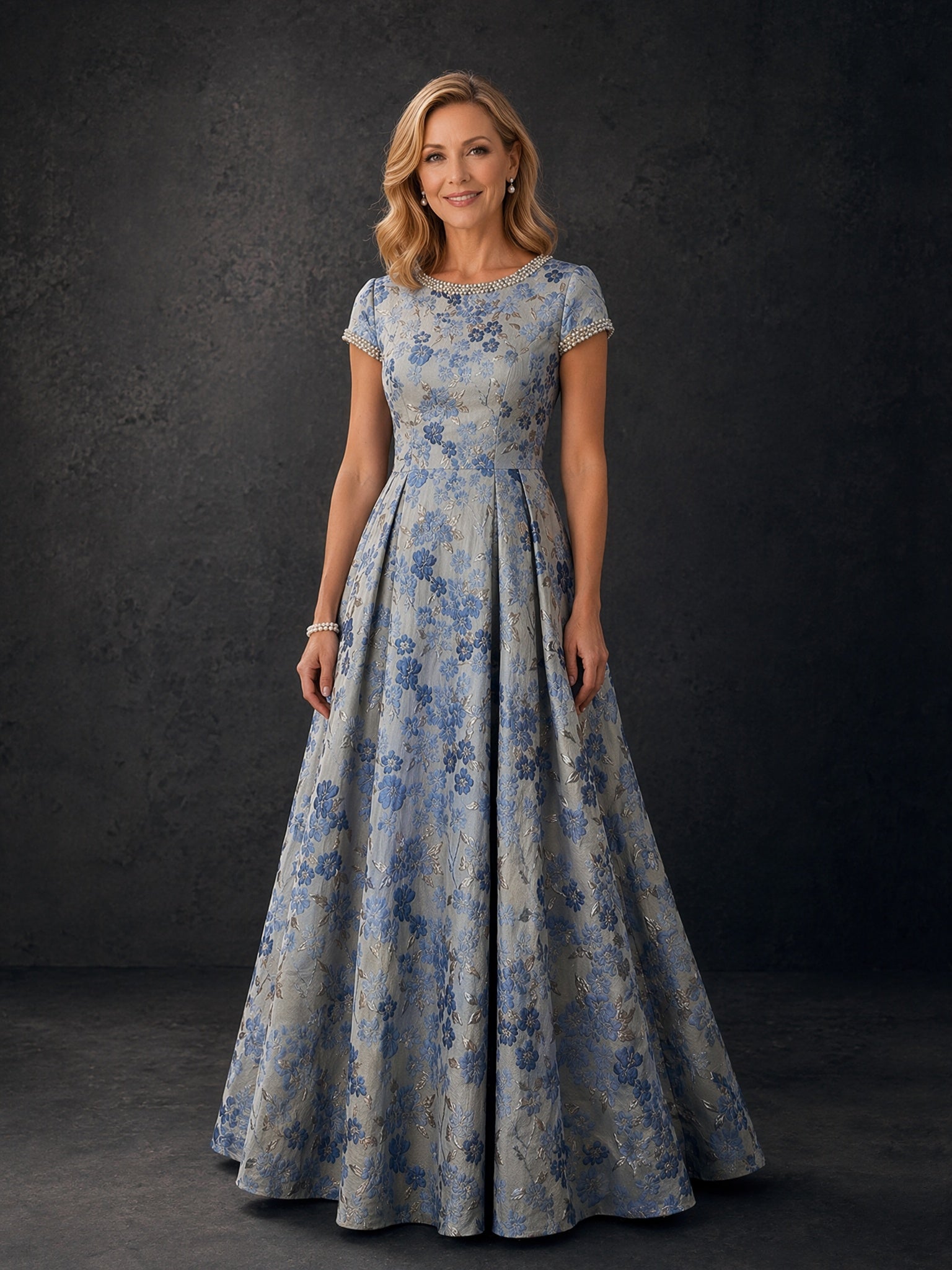 BOLODOO Steel Blue Floral Jacquard Pearl Trim A-Line Mother of the Bride Gown with Short Sleeves