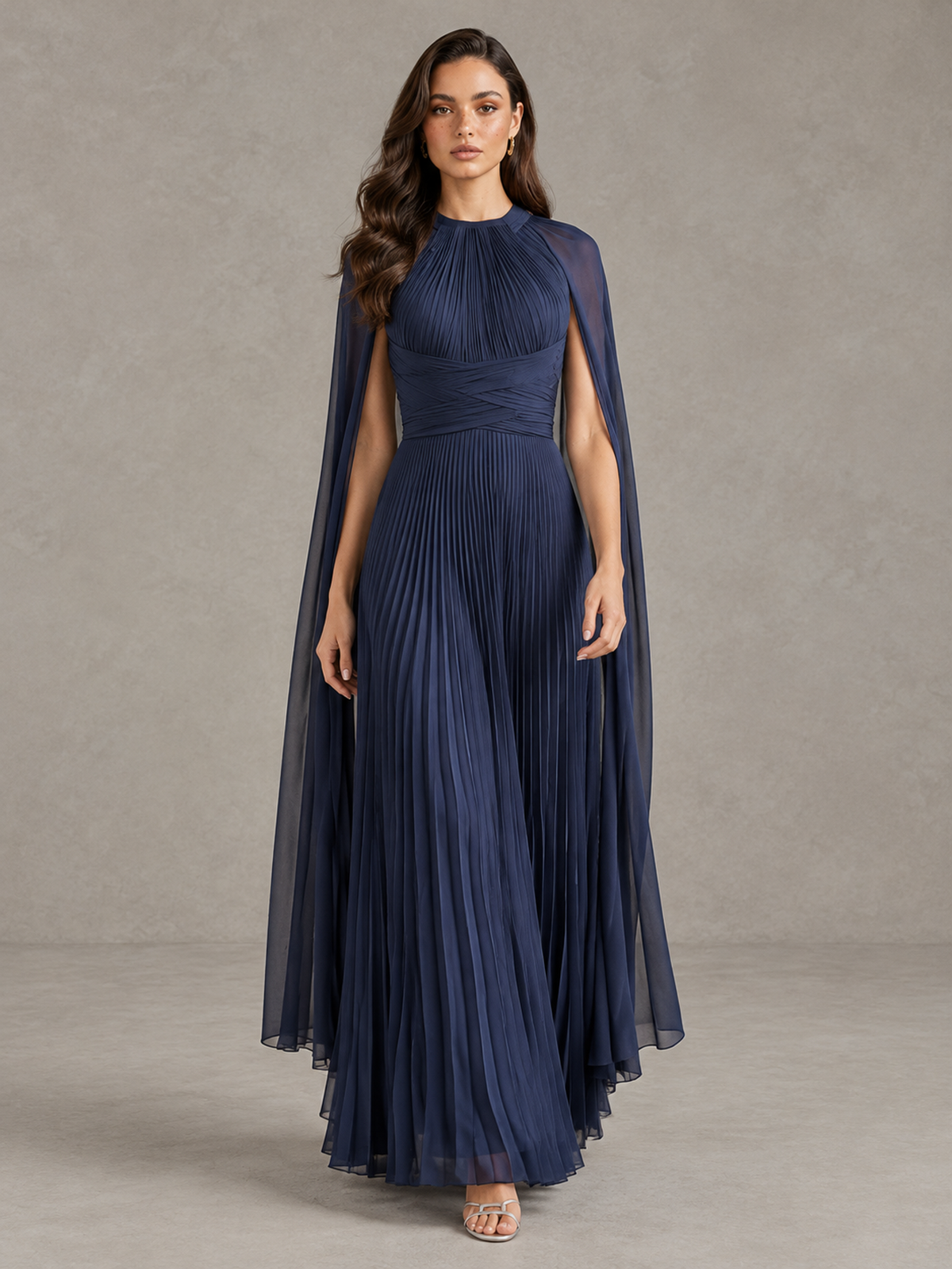 BOLODOO Navy Blue Pleated Cape Maxi Wedding Guest Dress 