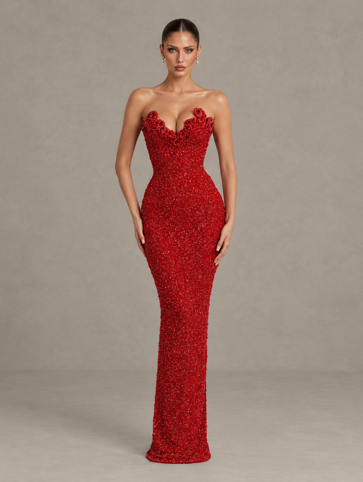 BOLODOO Red Strapless Sequin Evening Gown with Floral Neckline 