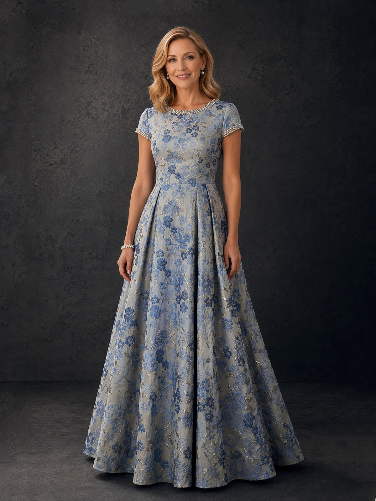 BOLODOO Steel Blue Floral Jacquard Pearl Trim A-Line Mother of the Bride Gown with Short Sleeves 