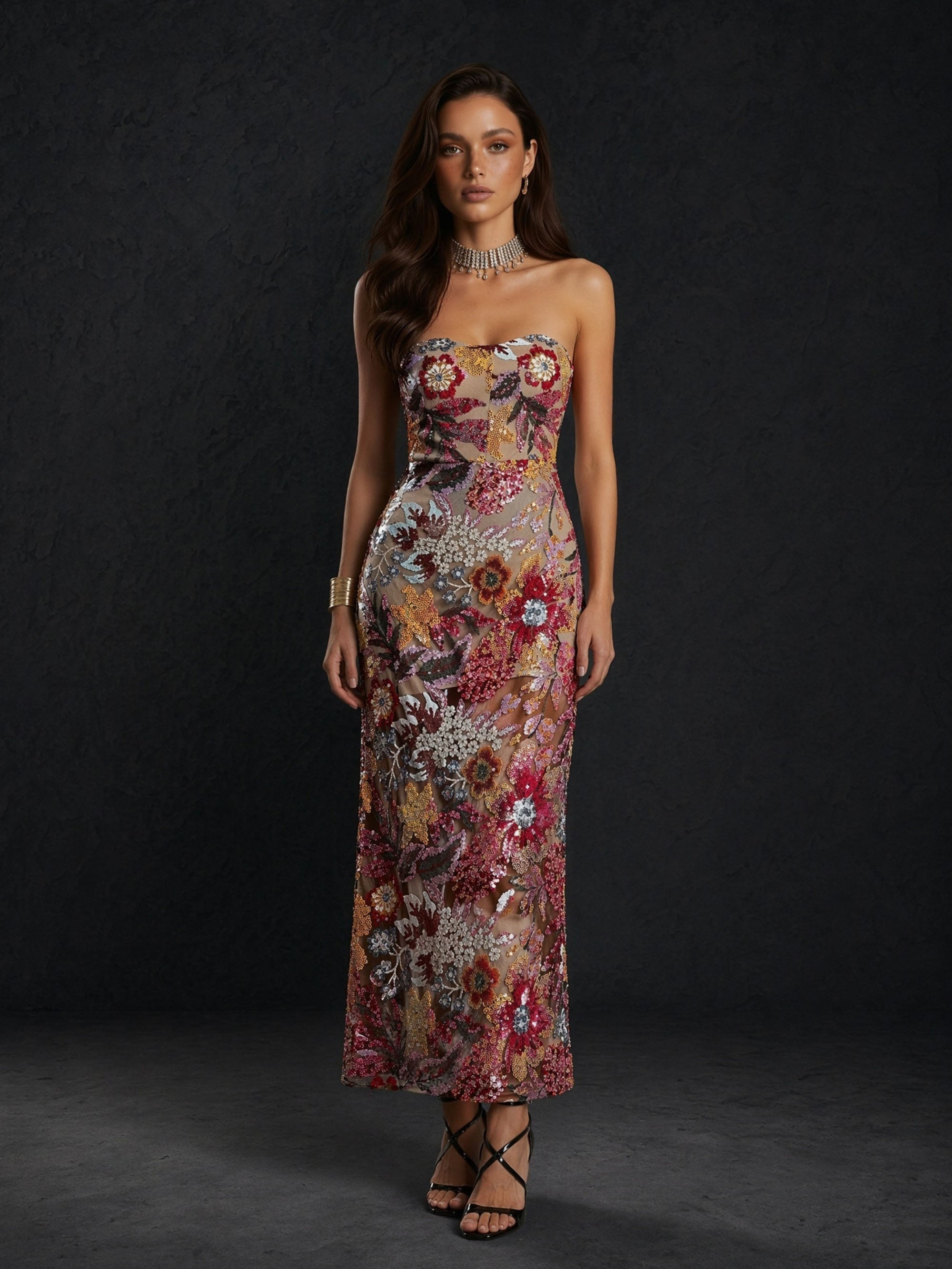 BOLODOO Multicolor Floral Sequin Beaded Embroidered Mesh Sweetheart Open Back Bodycon Midi Dress - Front Full Length Standing View