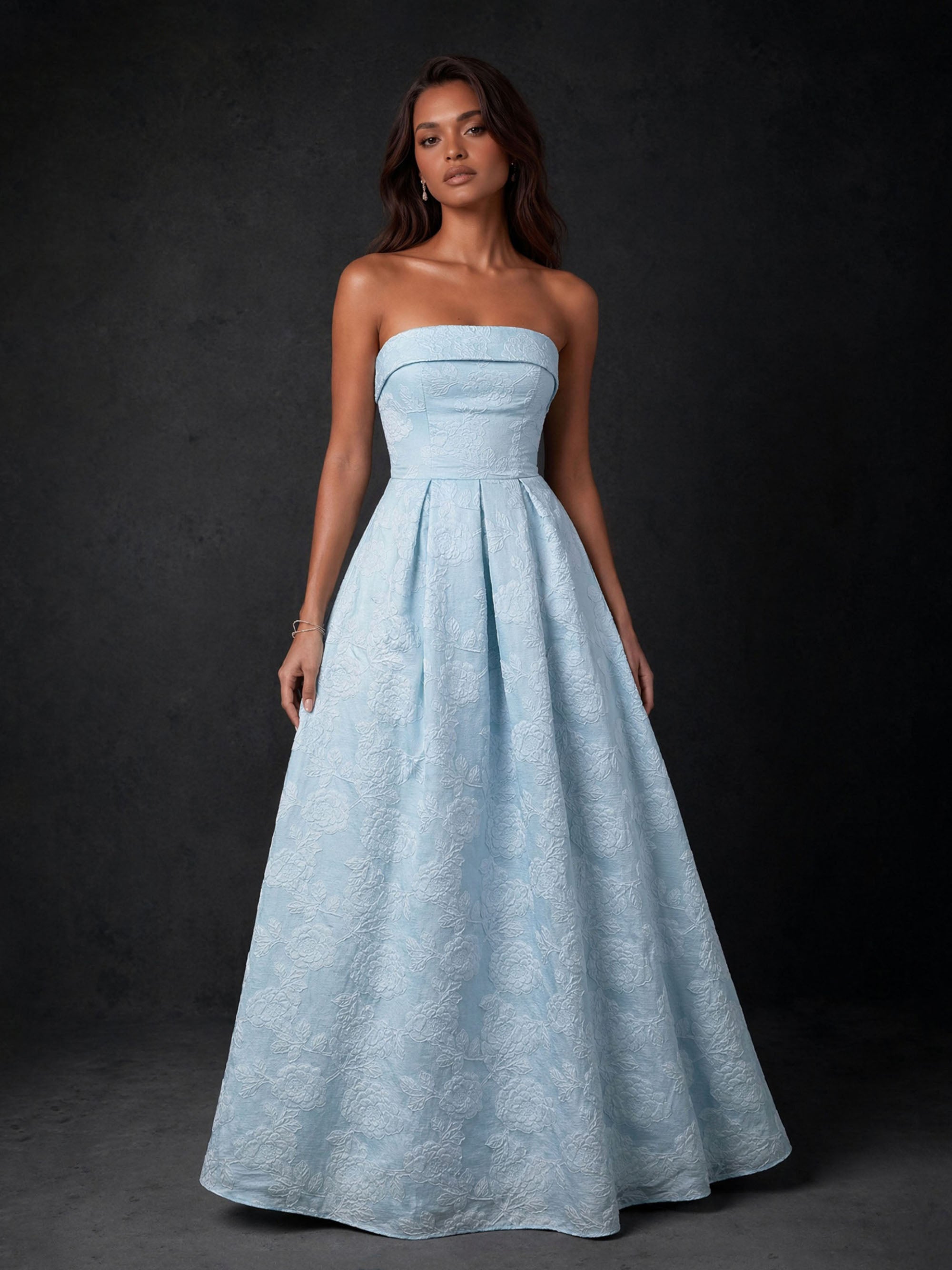 BOLODOO Sky Blue Floral Jacquard Strapless A-Line Ball Gown Maxi Dress - Front Upper Body Close Up showing Strapless Neckline and Jacquard Detail
