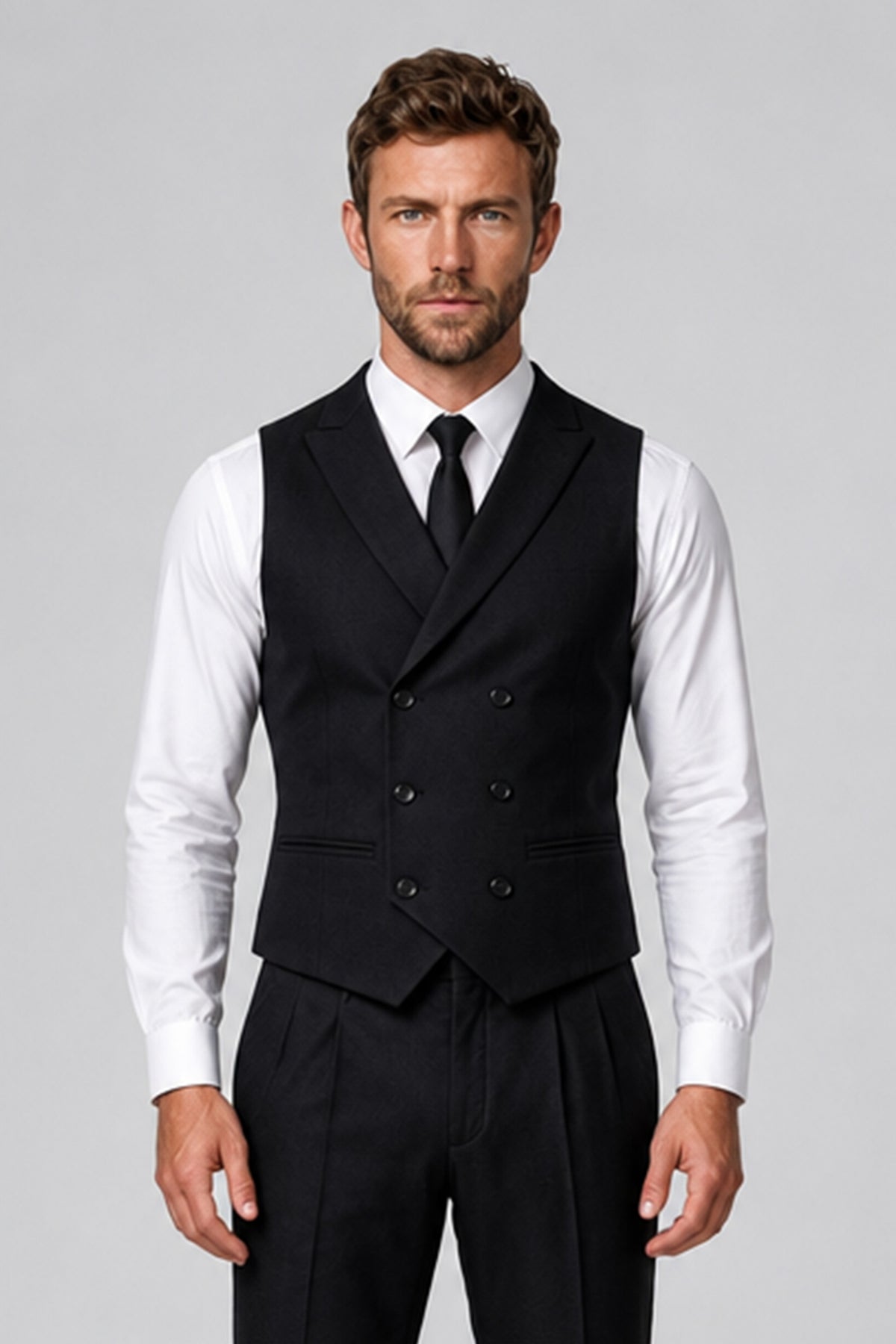 Bolodoo FQ1014 men's black double-breasted vest and matching trousers, front full-length view