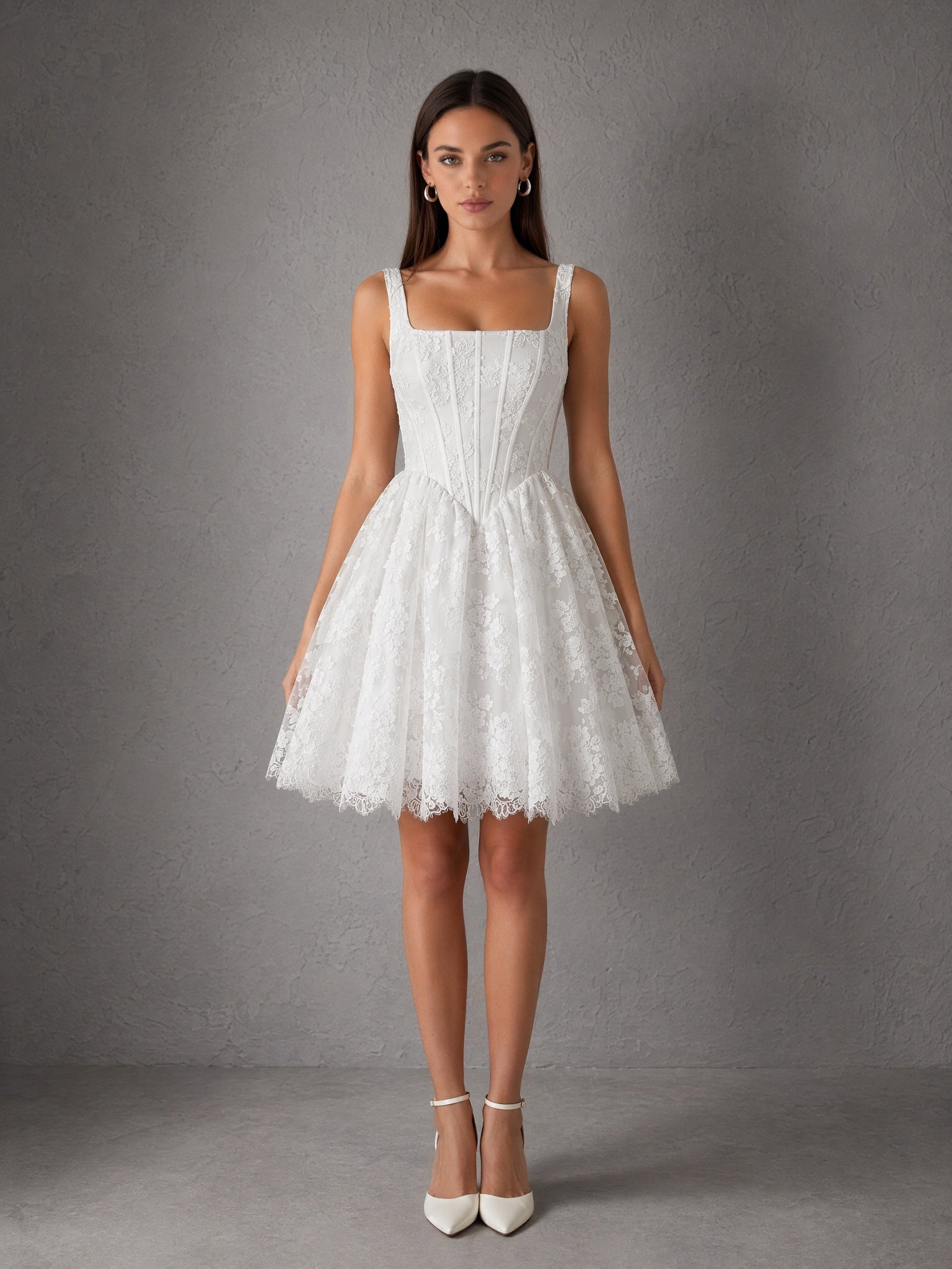 BOLODOO white lace corset mini wedding dress - front full length view square neck