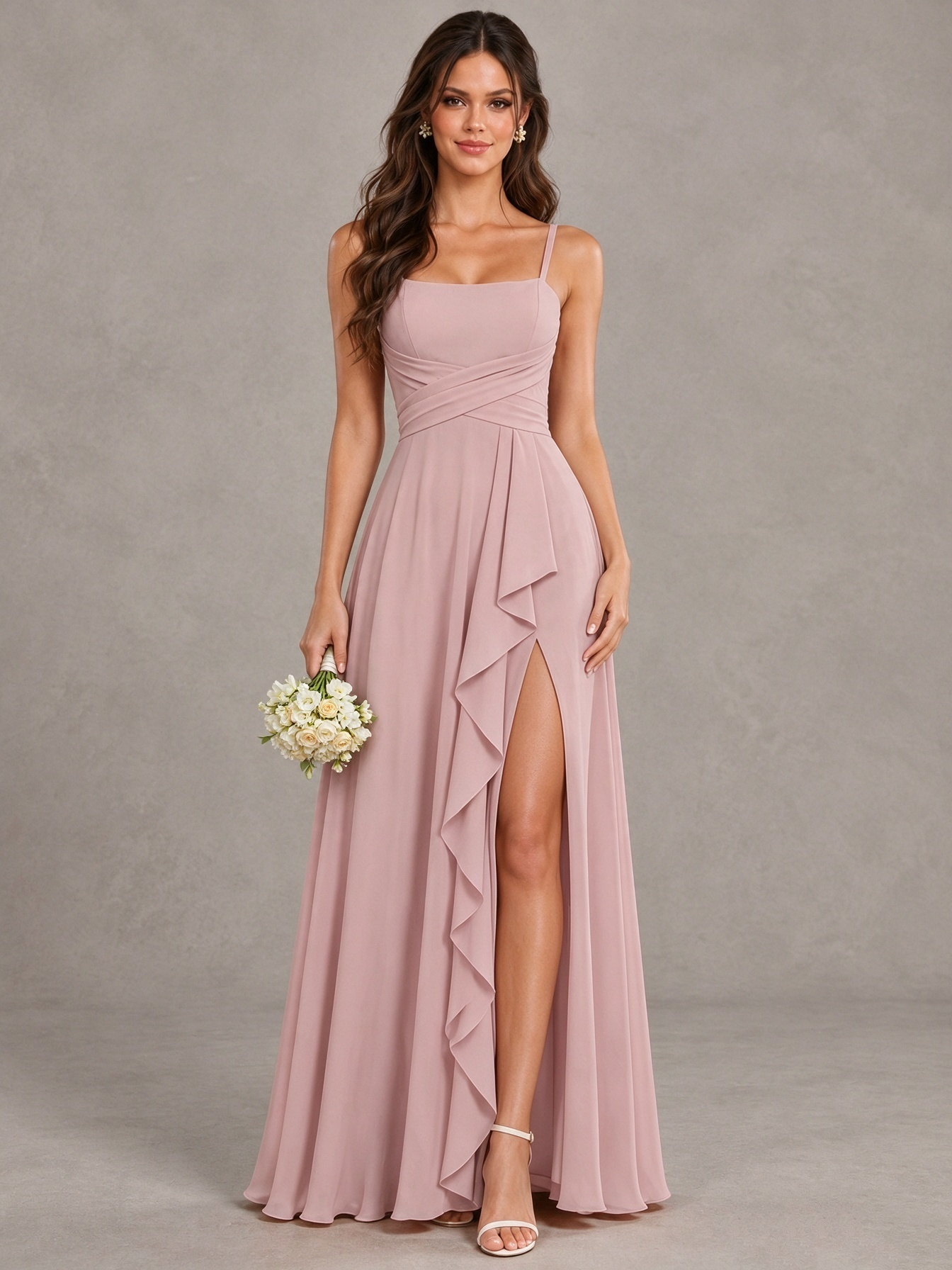 Dusty Rose Ruffle Slit Bridesmaid Dress | BOLODOO