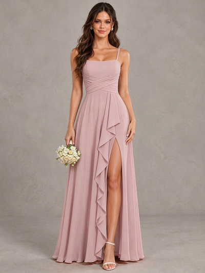 BOLODOO Dusty Rose Spaghetti Strap Ruffle Bridesmaid Dress with Slit 