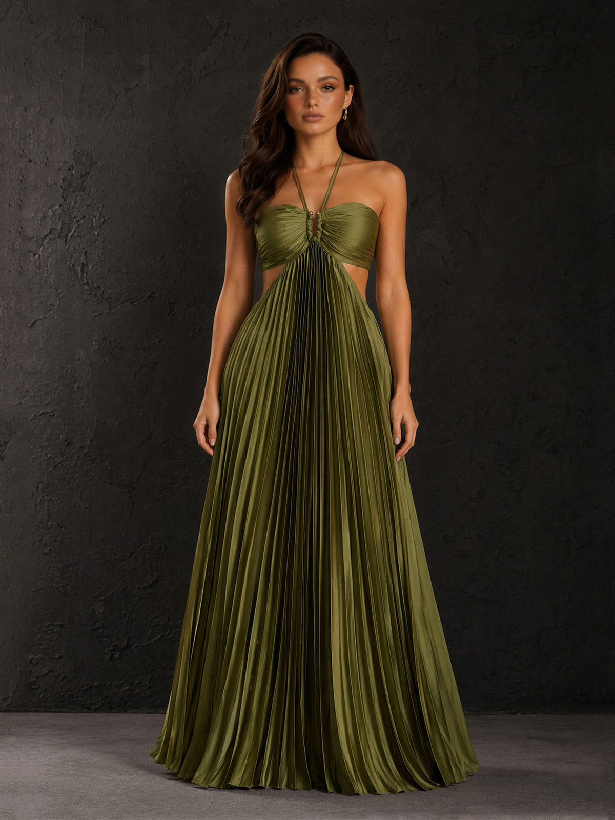 BOLODOO Olive Green Satin Halter Neck Cutout Waist Pleated A-Line Backless Maxi Dress