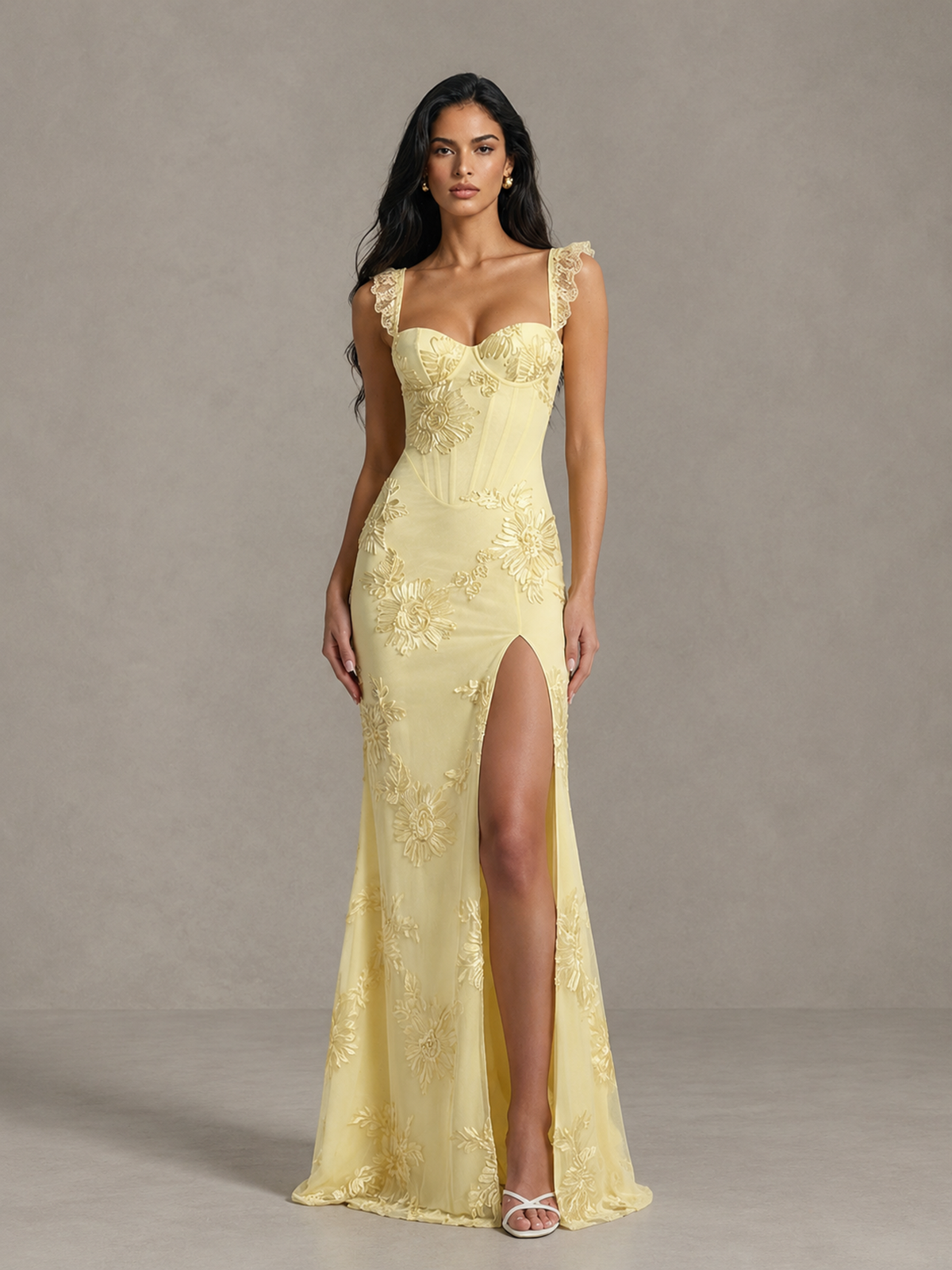 BOLODOO Butter Yellow Floral Lace Corset Prom Dress with High Slit 