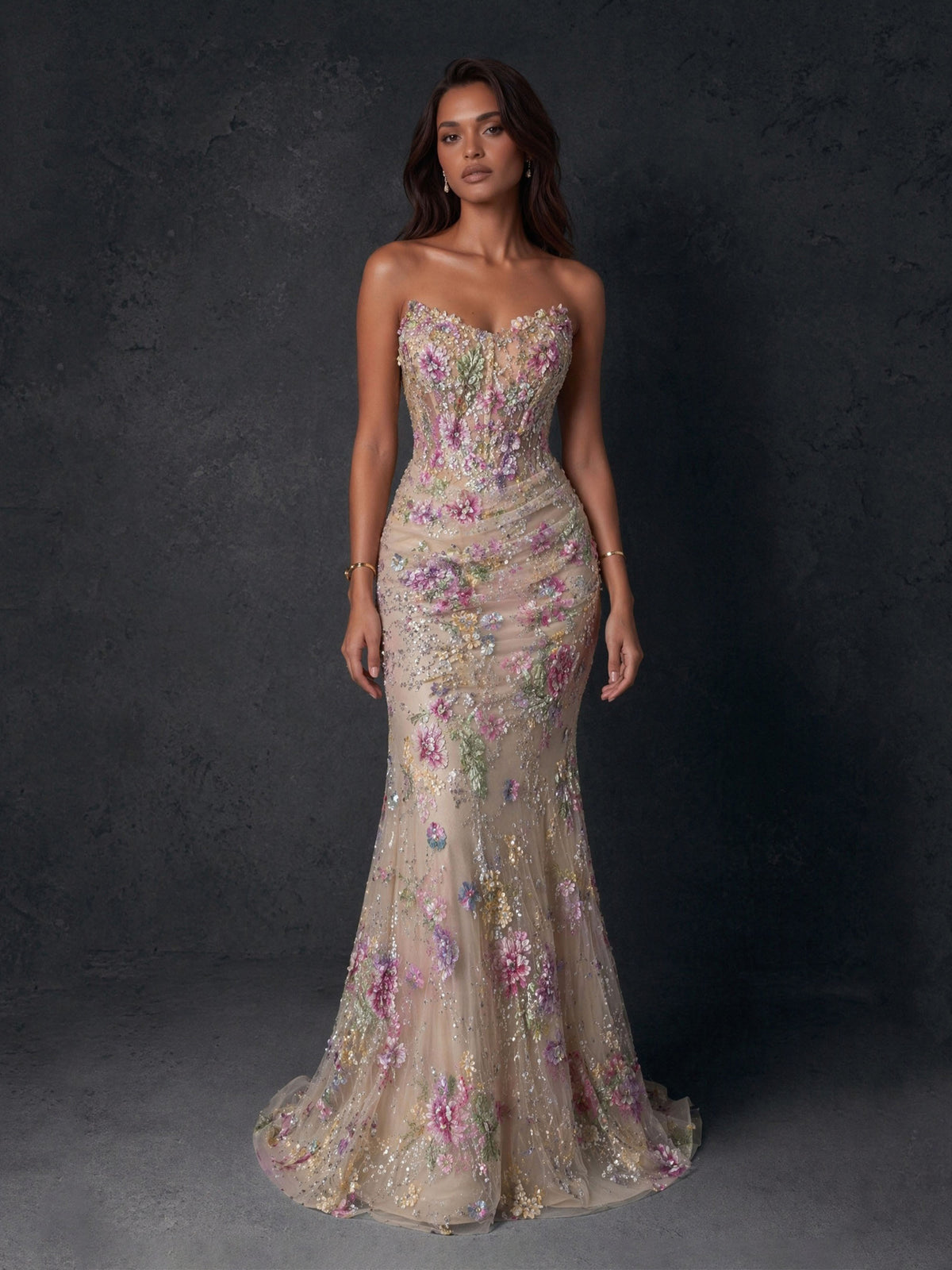 BOLODOO Champagne Floral Sequin Strapless Corset Mermaid Gown with Sweep Train 