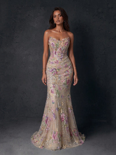 BOLODOO Champagne Floral Sequin Strapless Corset Mermaid Gown with Sweep Train 