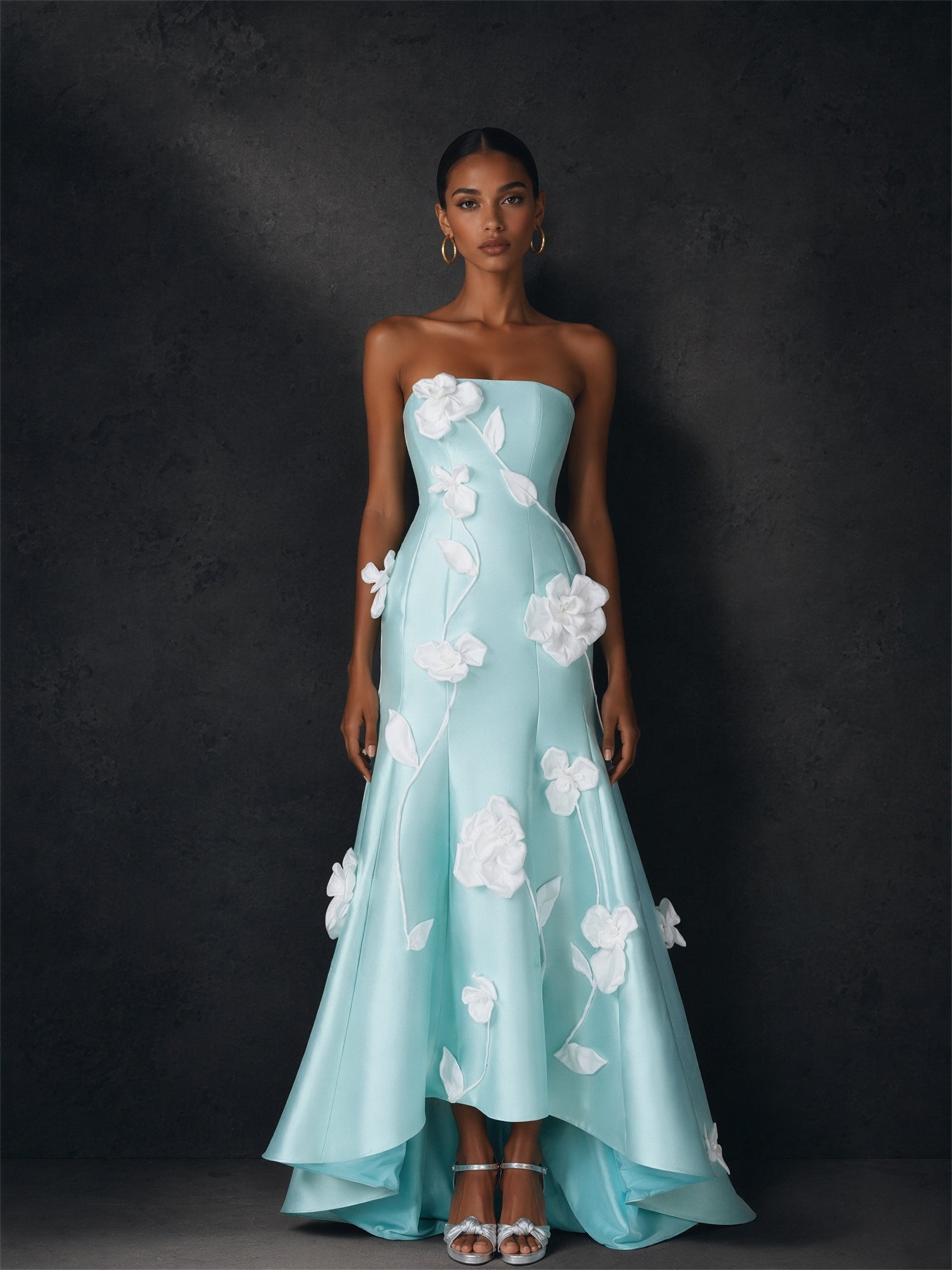 BOLODOO mint green 3D floral strapless hi-low gown - front full body view with silver heels
