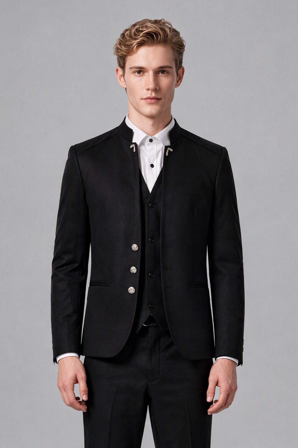 Bolodoo FQ1011 men's black mandarin collar suit jacket with silver-tone buttons, angled front view