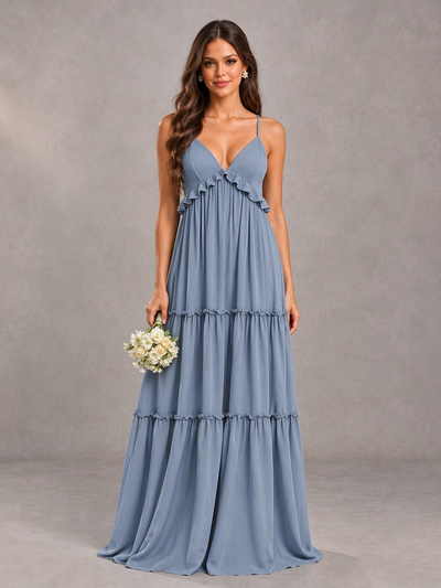 BOLODOO Dusty Blue Tiered V-Neck Lace-Up Back Bridesmaid Dress 