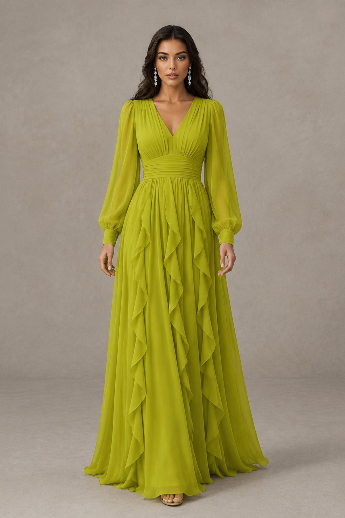 BOLODOO FQ0059 chartreuse V-neck long sleeve ruffle maxi dress, full front view