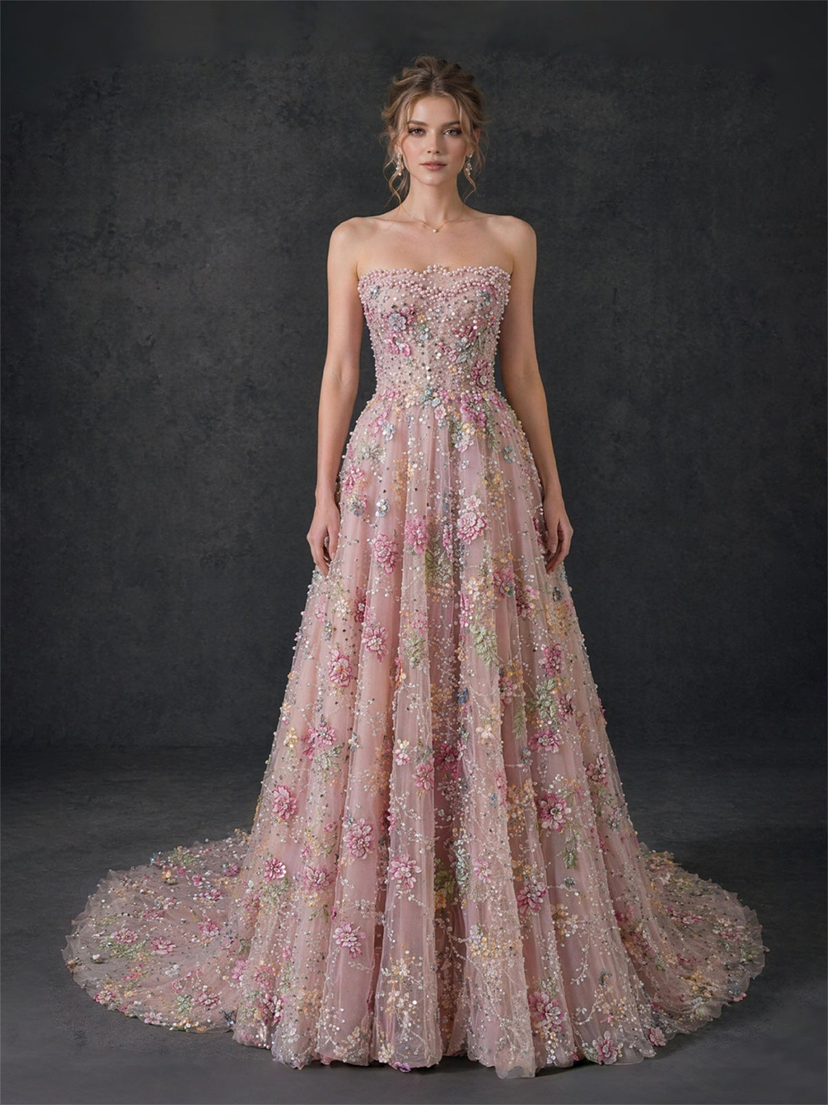 BOLODOO Blush Pink Multicolor 3D Floral Pearl Sequin Embroidered Tulle Strapless Sweetheart A-Line Ball Gown with Lace-U