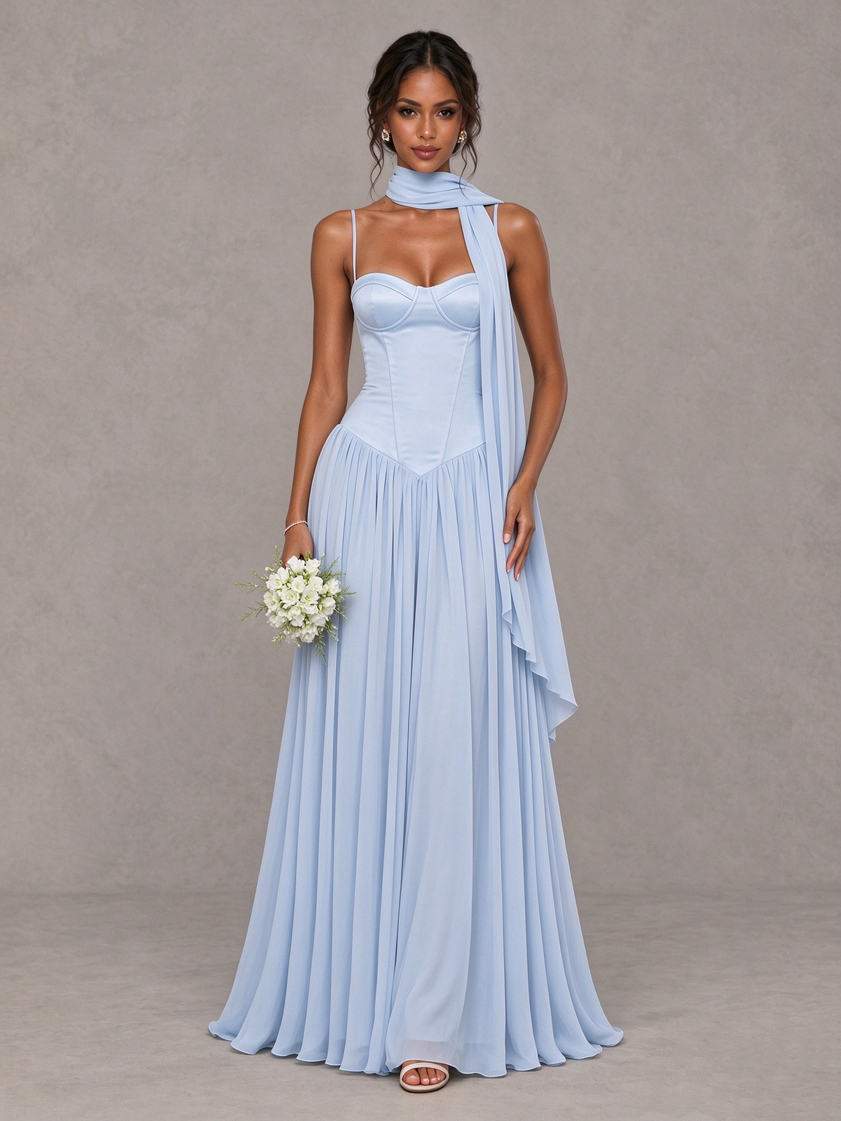 BOLODOO Light Blue Corset Bridesmaid Dress with Scarf 