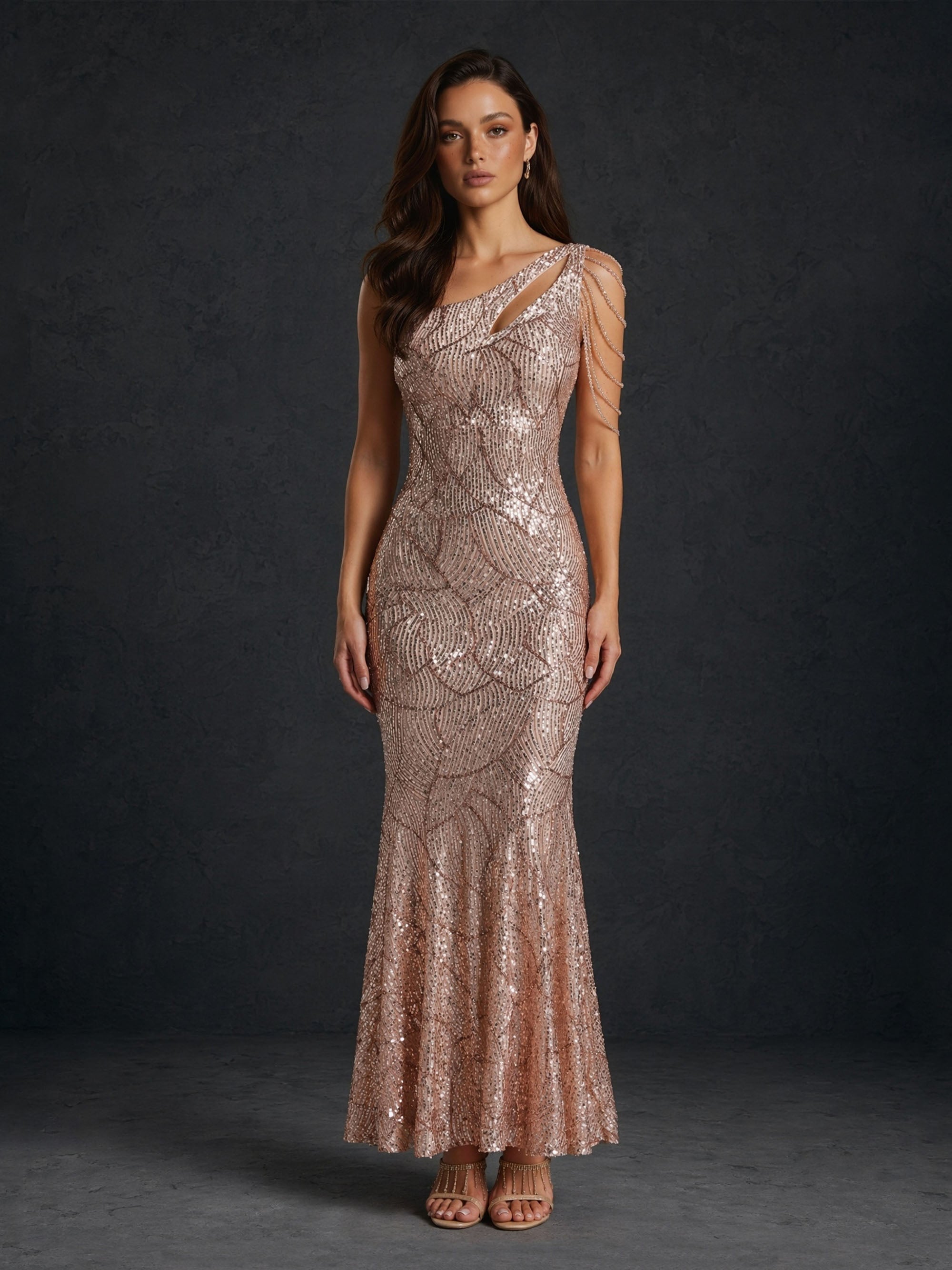 BOLODOO Rose Gold Geometric Wave Sequin One-Shoulder Cutout Multi-Strand Chain Drape Low Open Back Mermaid Maxi Dress - Front Full Length Standing View