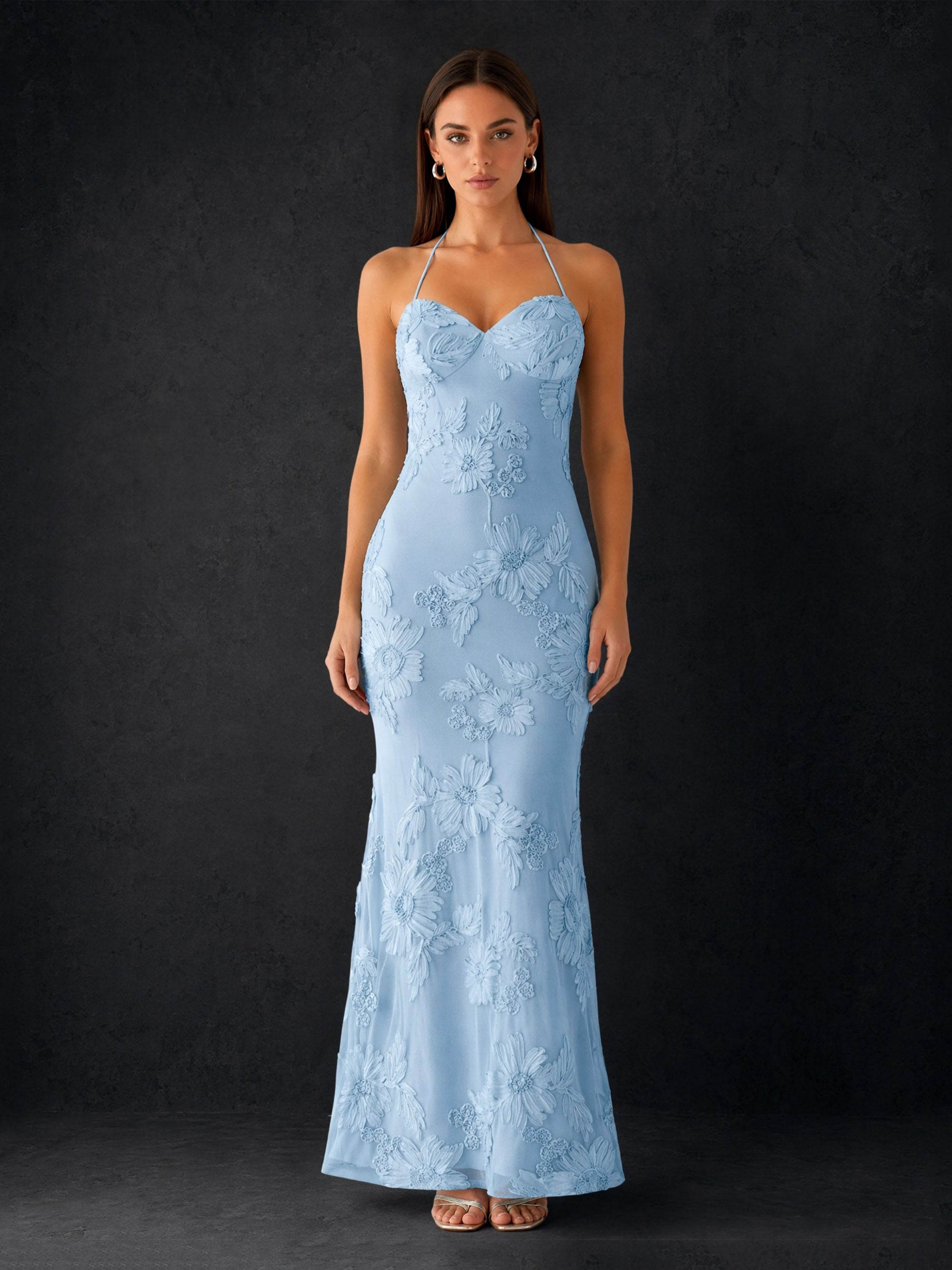 BOLODOO Sky Blue 3D Floral Embroidered Halter Sweetheart Lace-Up Open Back Mermaid Maxi Dress - Front Full Length Hands Clasped View
