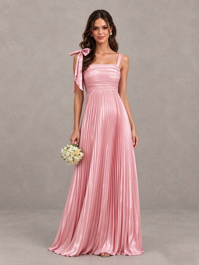 BOLODOO Pink Pleated Bow-Strap Bridesmaid Maxi Dress 