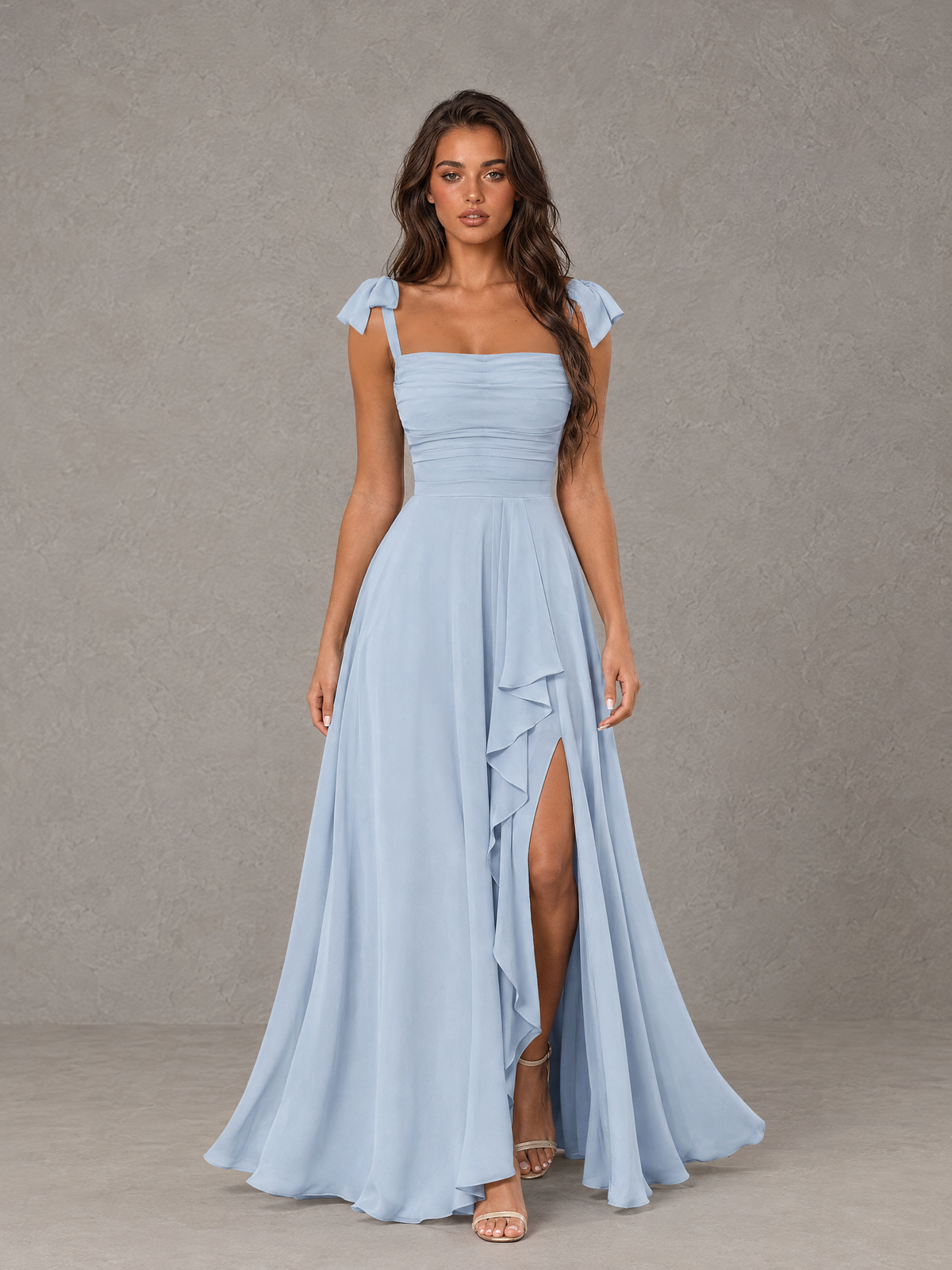 BOLODOO Light Blue Bow-Strap Bridesmaid Dress with Ruffle Slit 