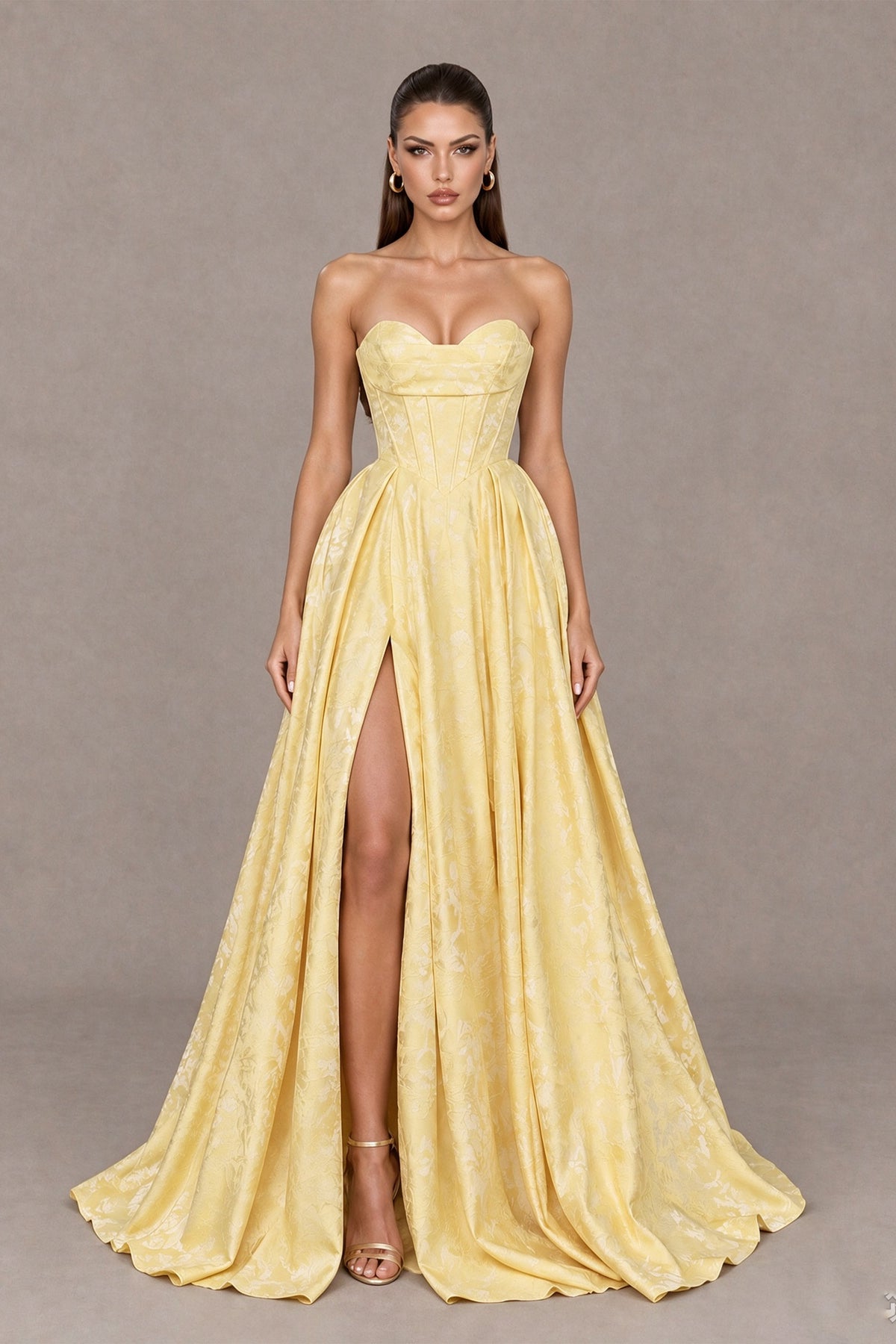 Yellow strapless sweetheart corset prom dress with high slit and pleated A-line skirt, front view, BOLODOO