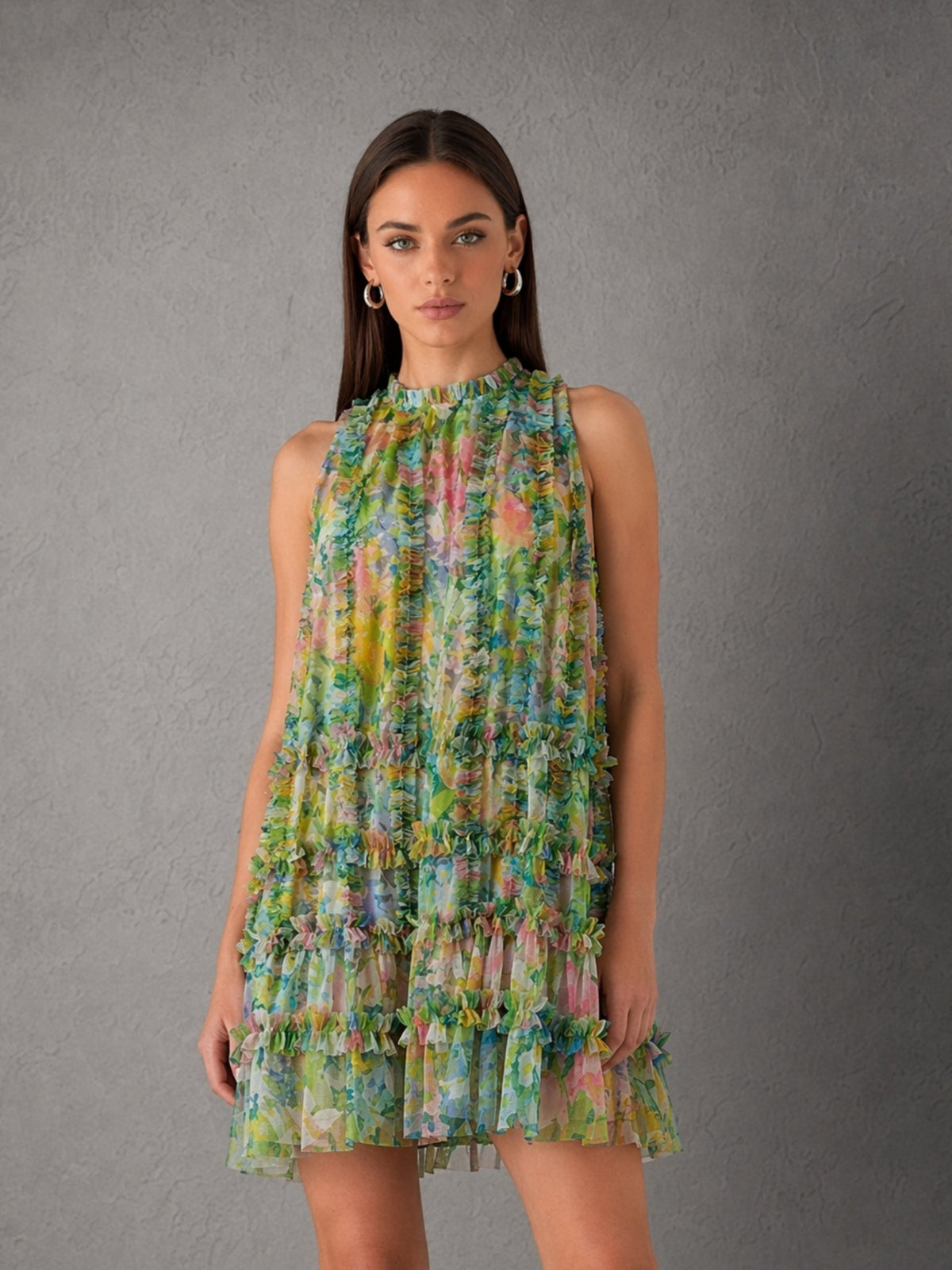 BOLODOO Green Floral Chiffon Ruffle Mini Dress – Sleeveless Mock Neck Tiered A-Line Cocktail Dress