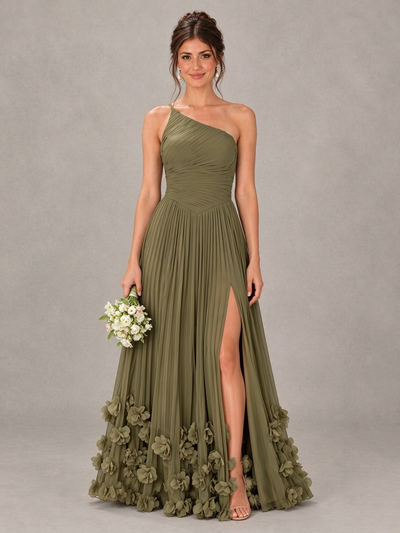 BOLODOO Olive Green One-Shoulder Pleated Bridesmaid Dress with 3D Floral Hem 